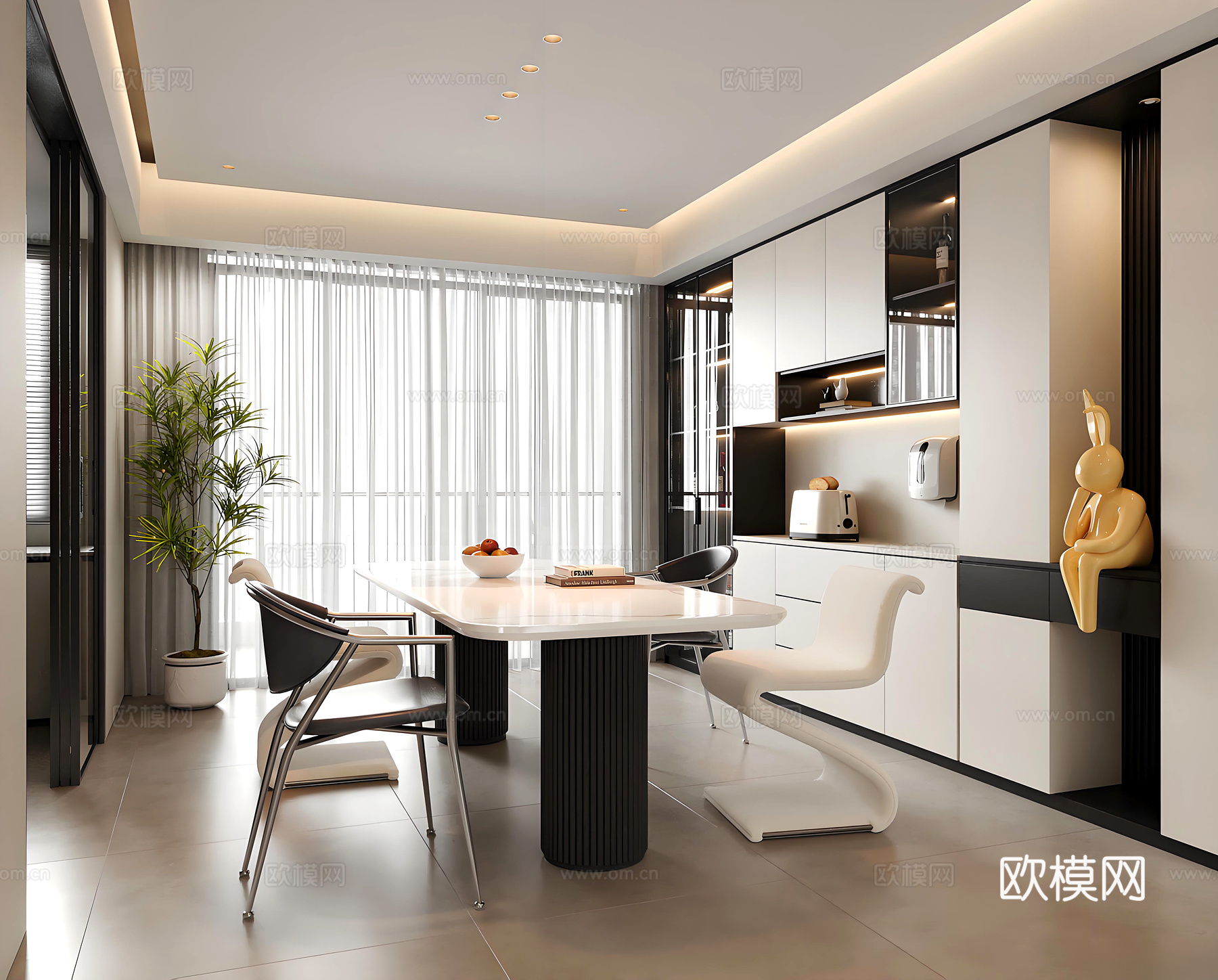 现代餐厅 酒柜 绿植盆栽 餐桌椅 雕塑3d模型下载