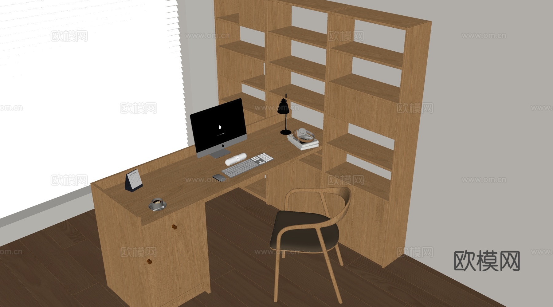 现代书房 书桌椅  办公桌椅 摆件组合 书柜su模型