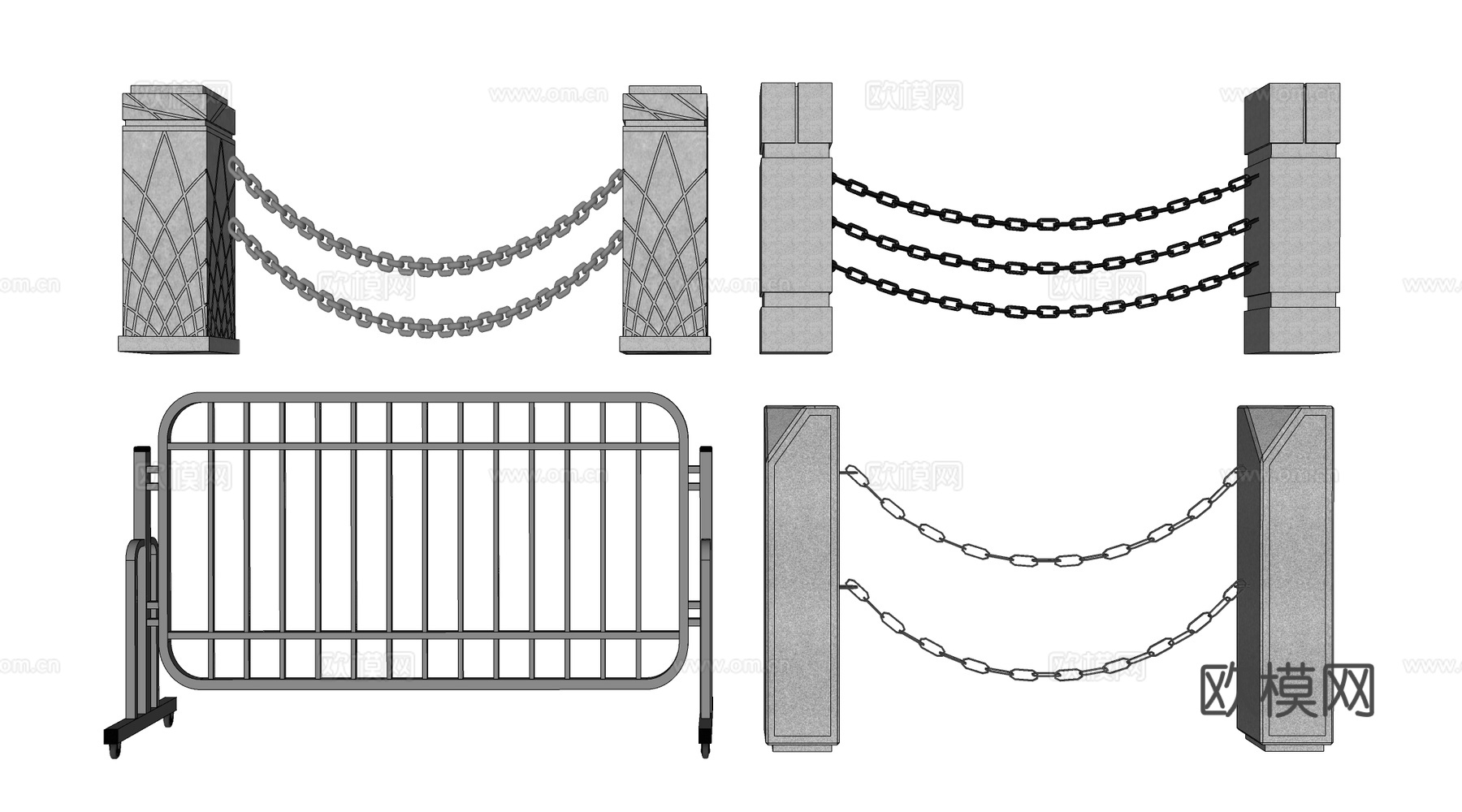 现代滨水护栏 铁索栏杆 石材护栏su模型