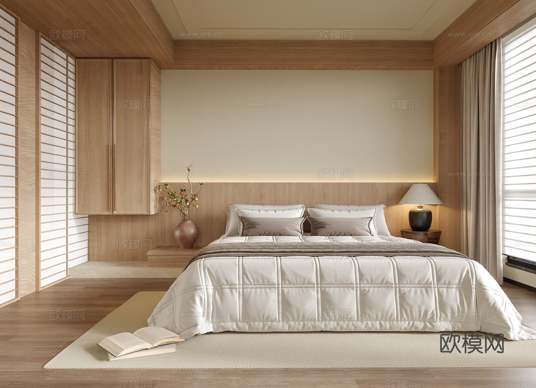 现代卧室 双人床su模型