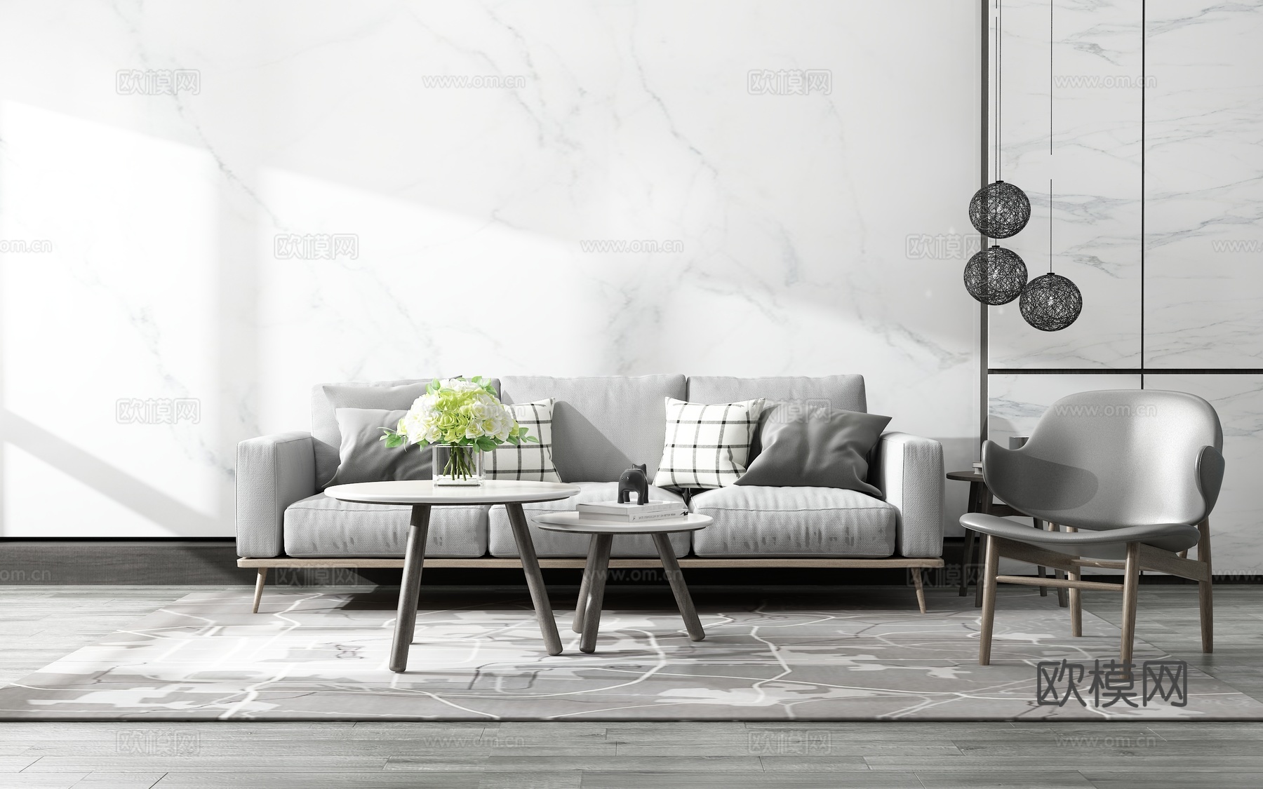 现代沙发茶几组合背景墙3d模型下载