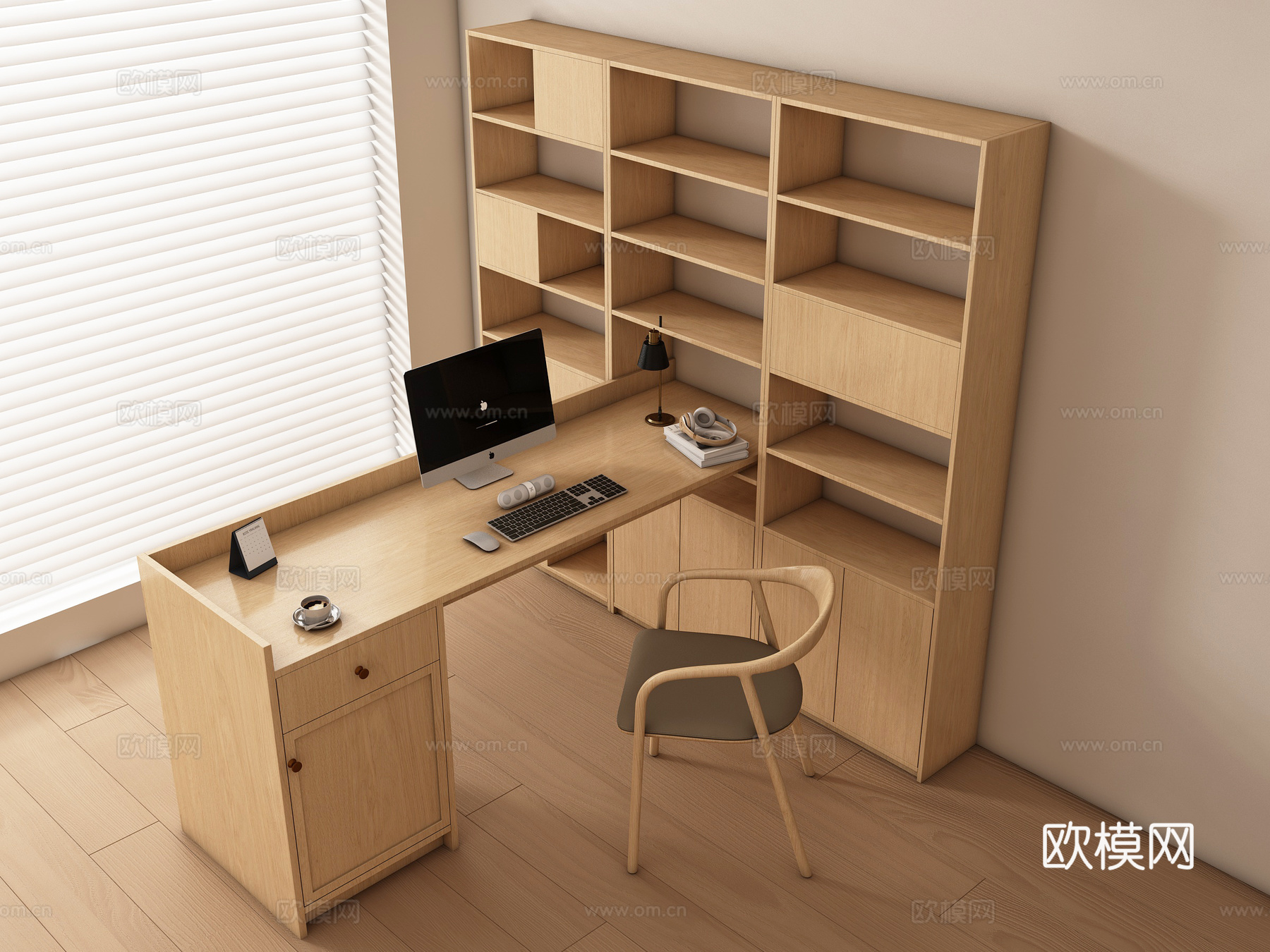现代书房 书桌椅  办公桌椅 摆件组合 书柜3d模型下载