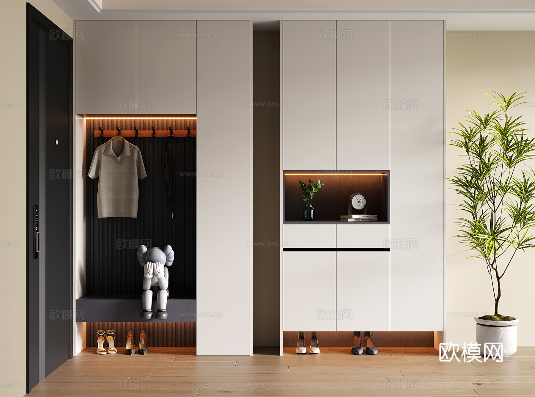 现代鞋柜 玄关鞋柜 换鞋凳鞋柜一体su模型