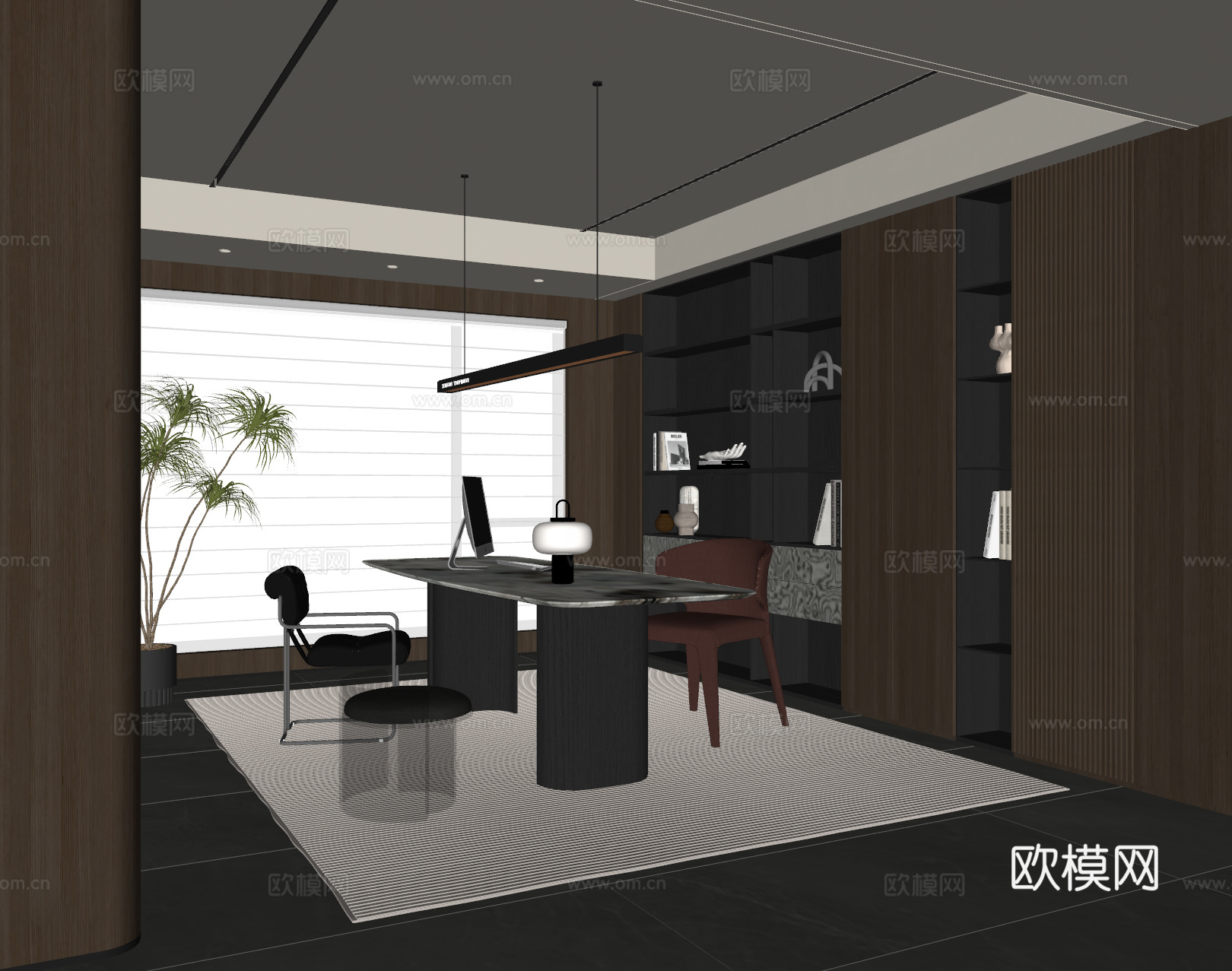 现代意式书房 书桌椅 吊灯 书柜 装饰柜 饰品摆件su模型