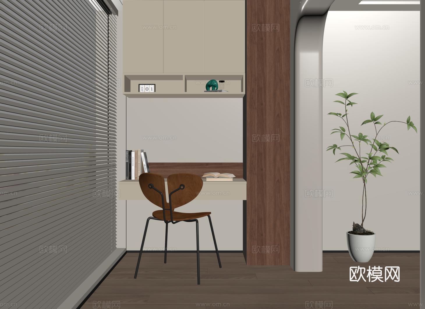 现代阳台书桌 书柜 书桌书柜一体柜su模型