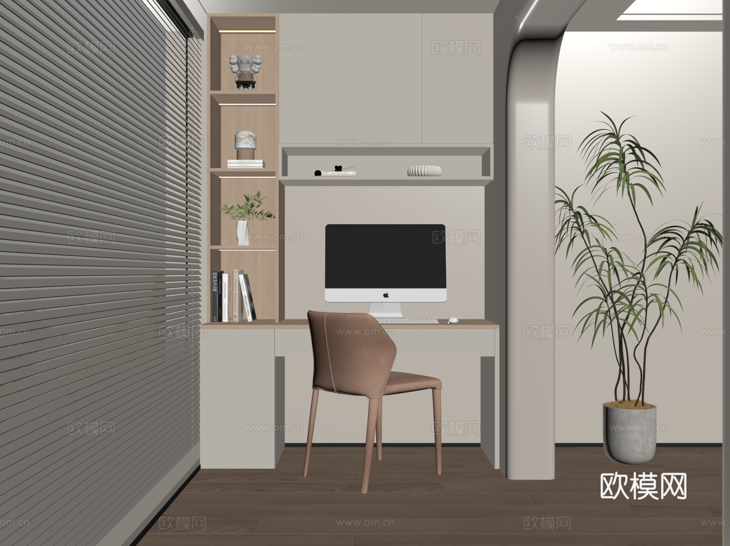 现代阳台书桌 书柜 书桌书柜一体柜 书架su模型