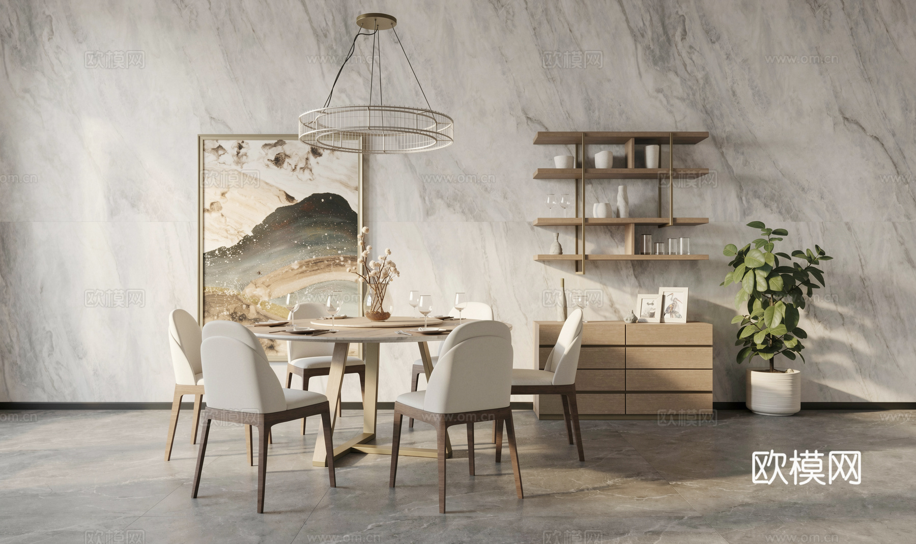 现代风格餐桌椅_展示柜_装饰品_吊灯_挂画_餐具su模型