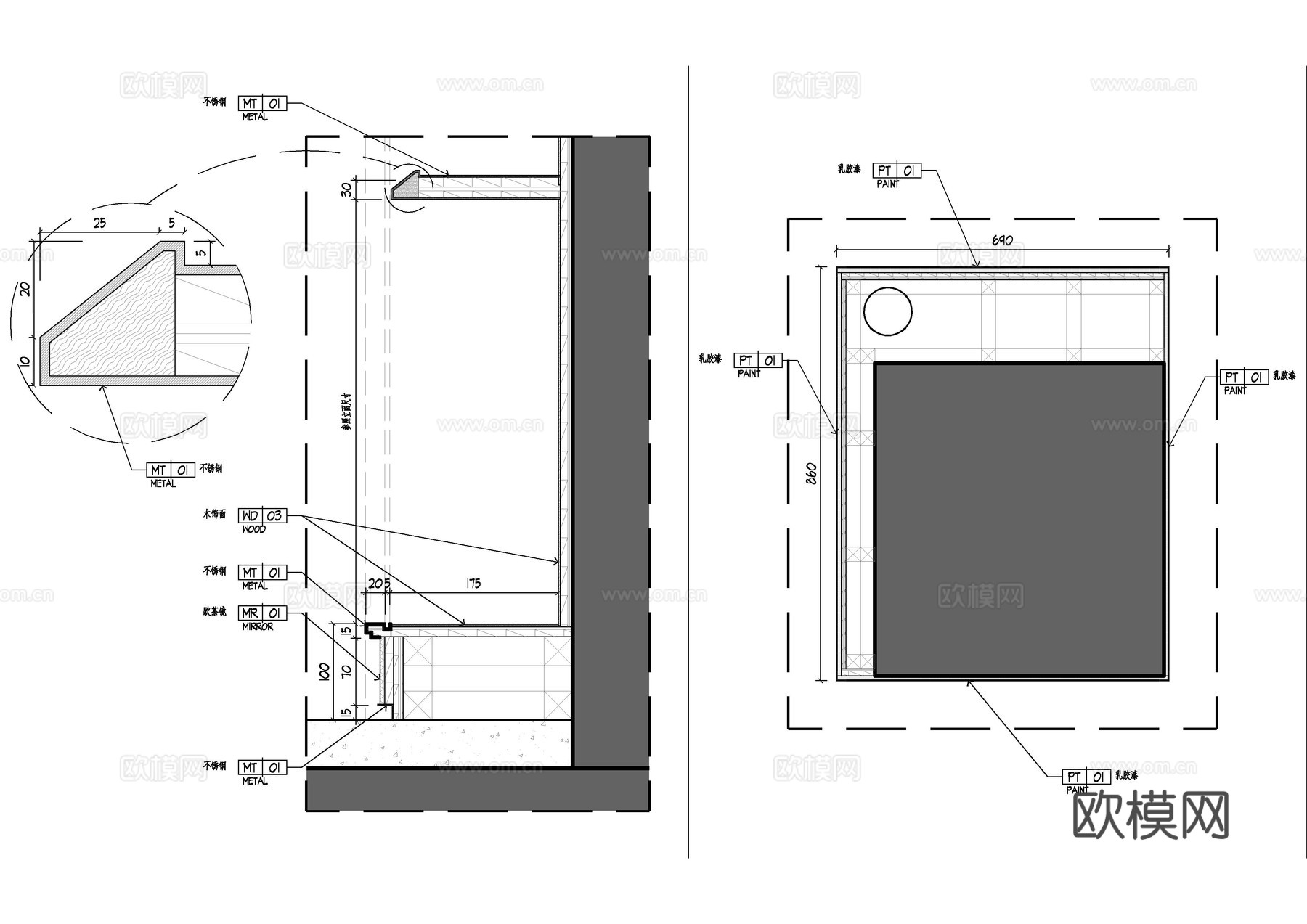 包柱隔断柜节点大样图cad施工图