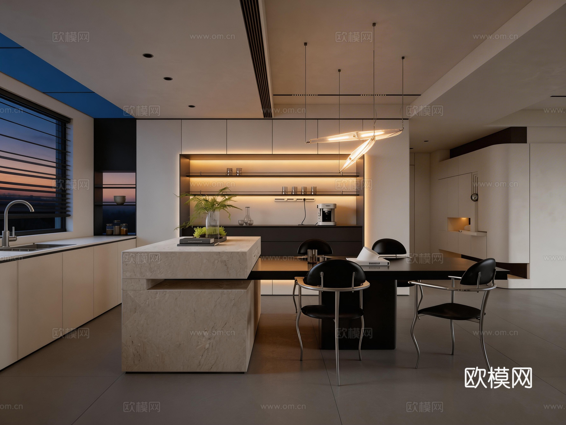 极简餐厅 吧台餐桌 餐边柜su模型