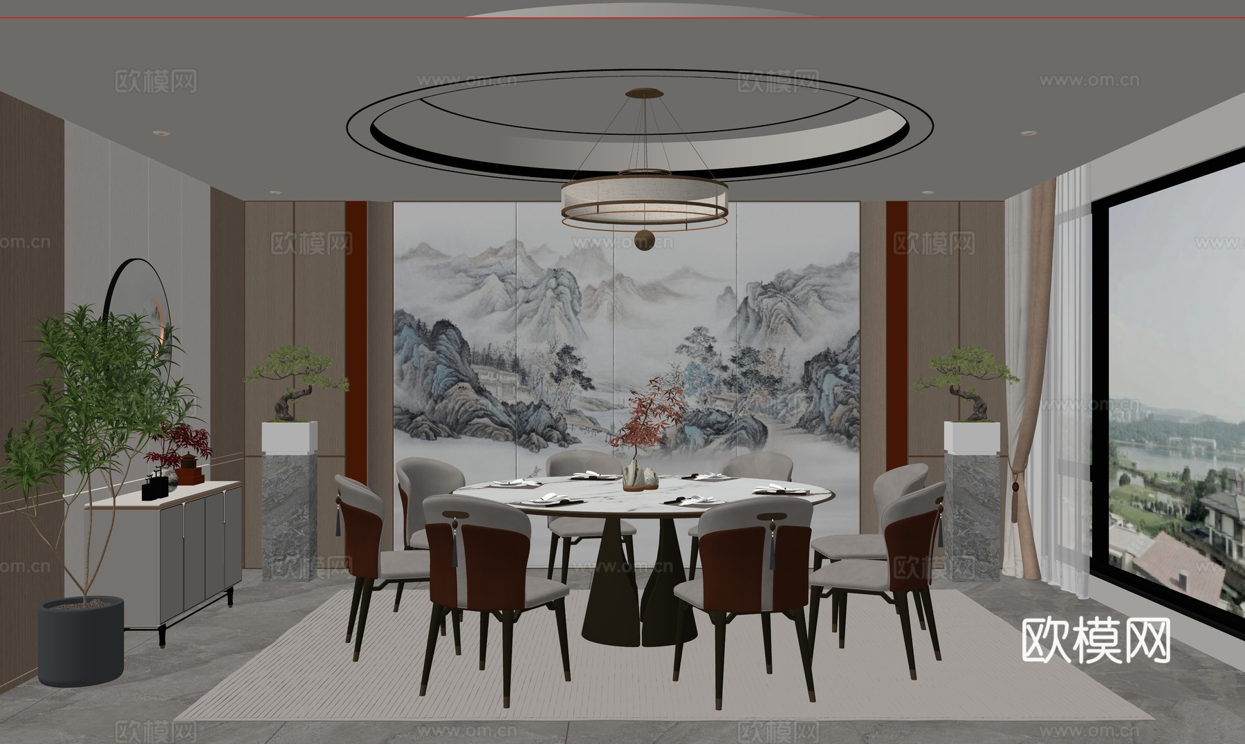 新中式包厢餐厅包房su模型