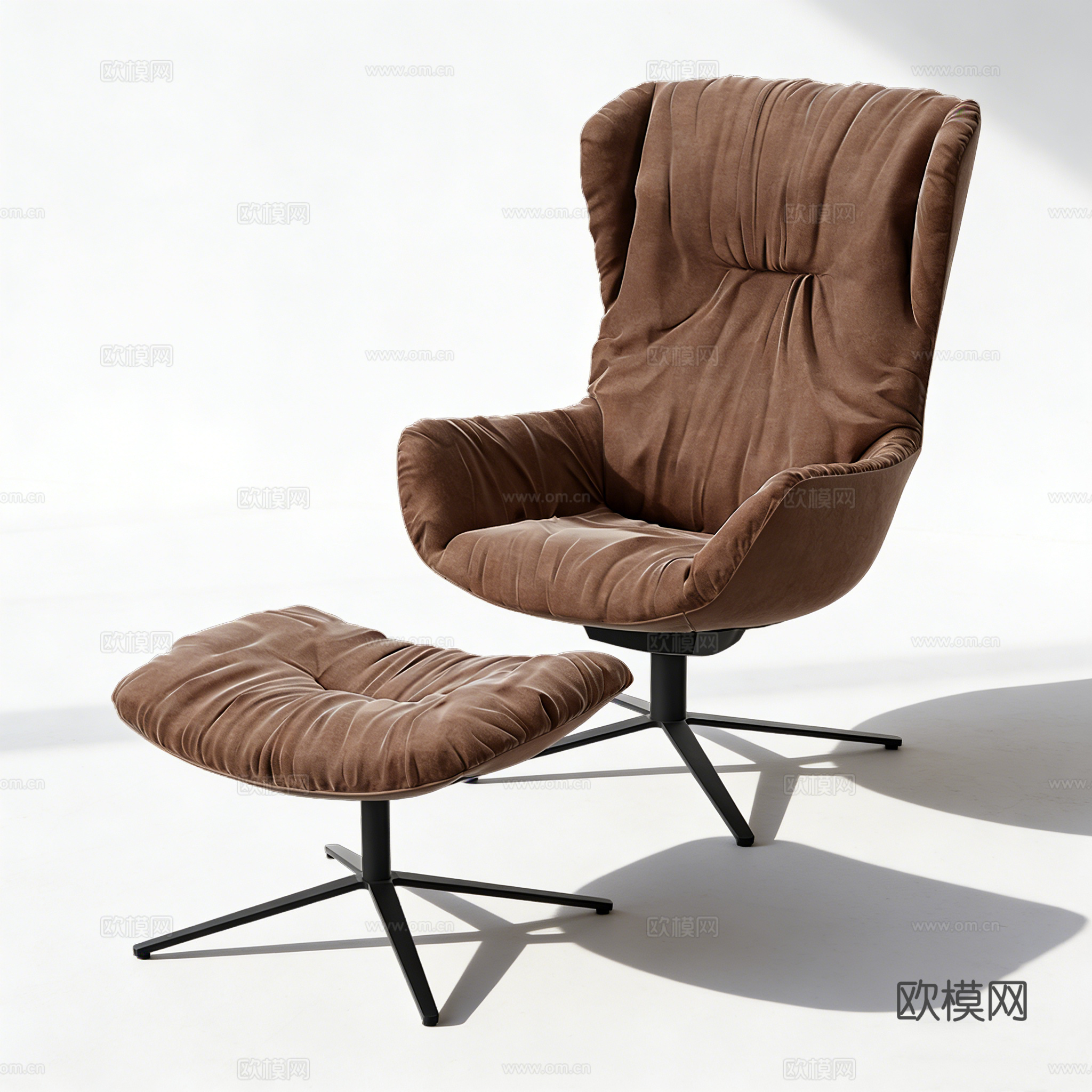 现代简约 棕色布艺单人沙发 金属腿 褶皱纹理 休闲椅 客厅卧su模型