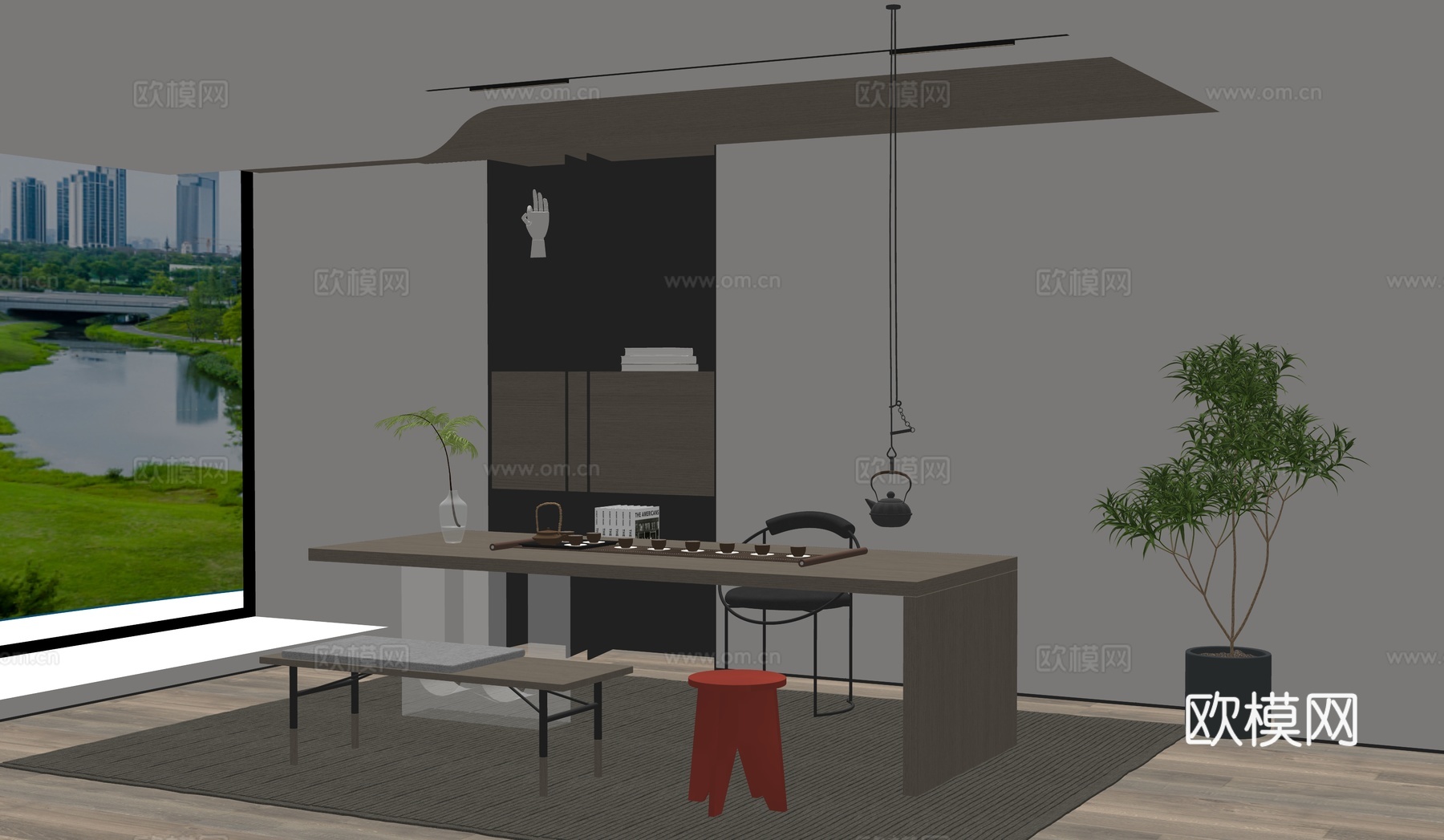 现代茶室_茶桌椅_茶水柜_茶壶_矮凳_绿植_盆栽_花瓶_饰品su模型