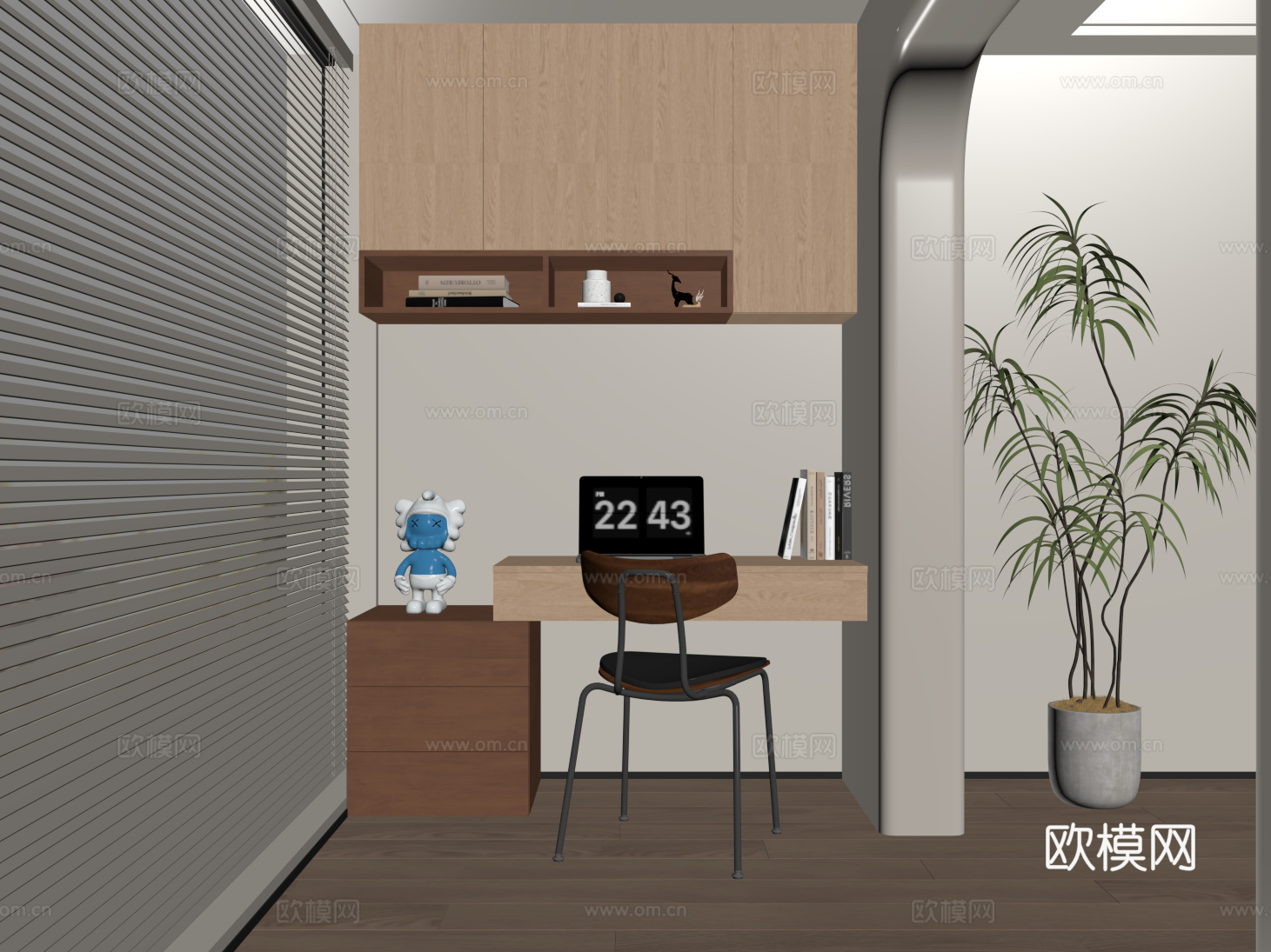 现代阳台书桌 书柜 书桌书柜一体柜su模型