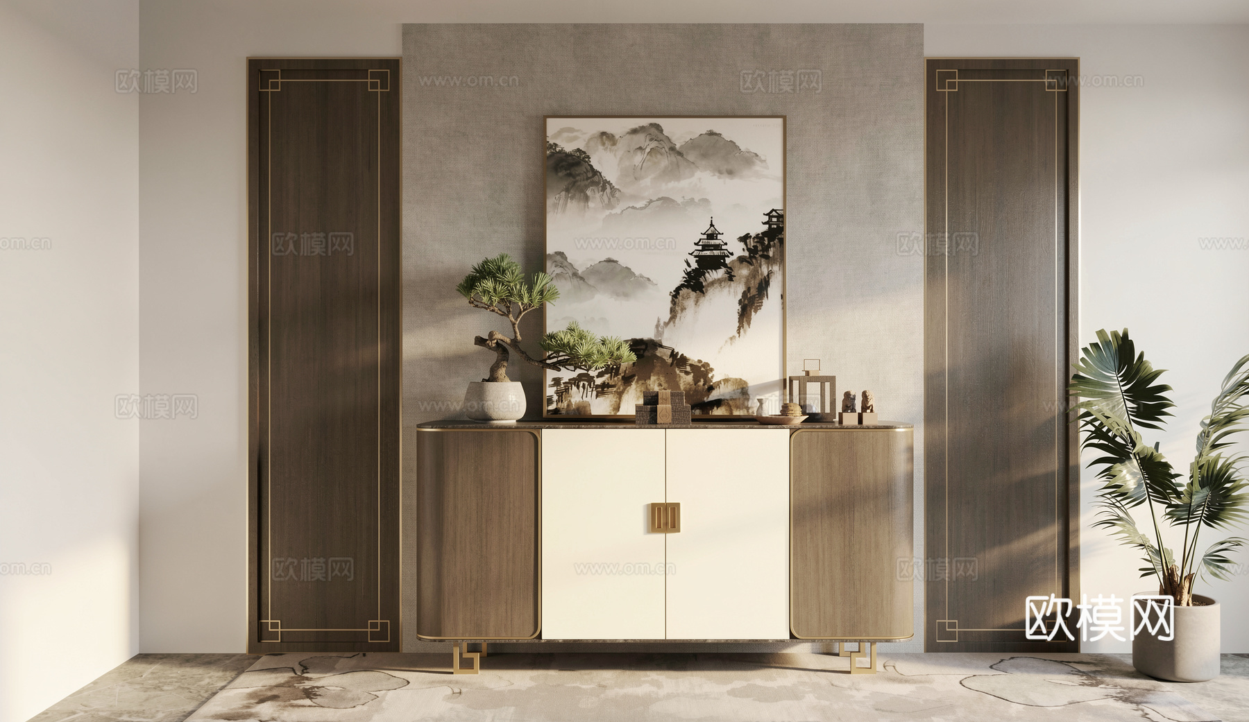 新中式端景条案端景台背景墙su模型