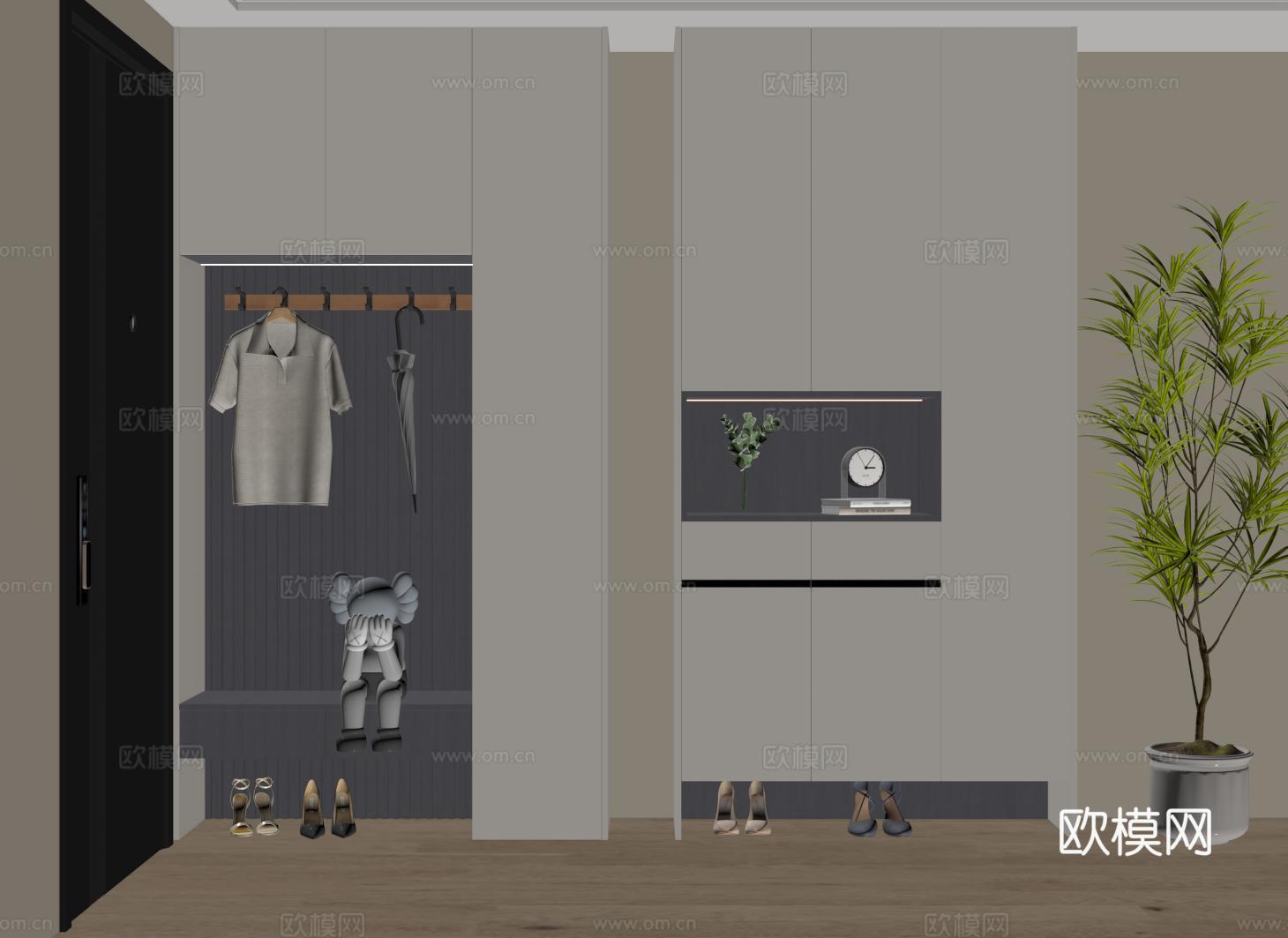 现代鞋柜 玄关鞋柜 换鞋凳鞋柜一体su模型