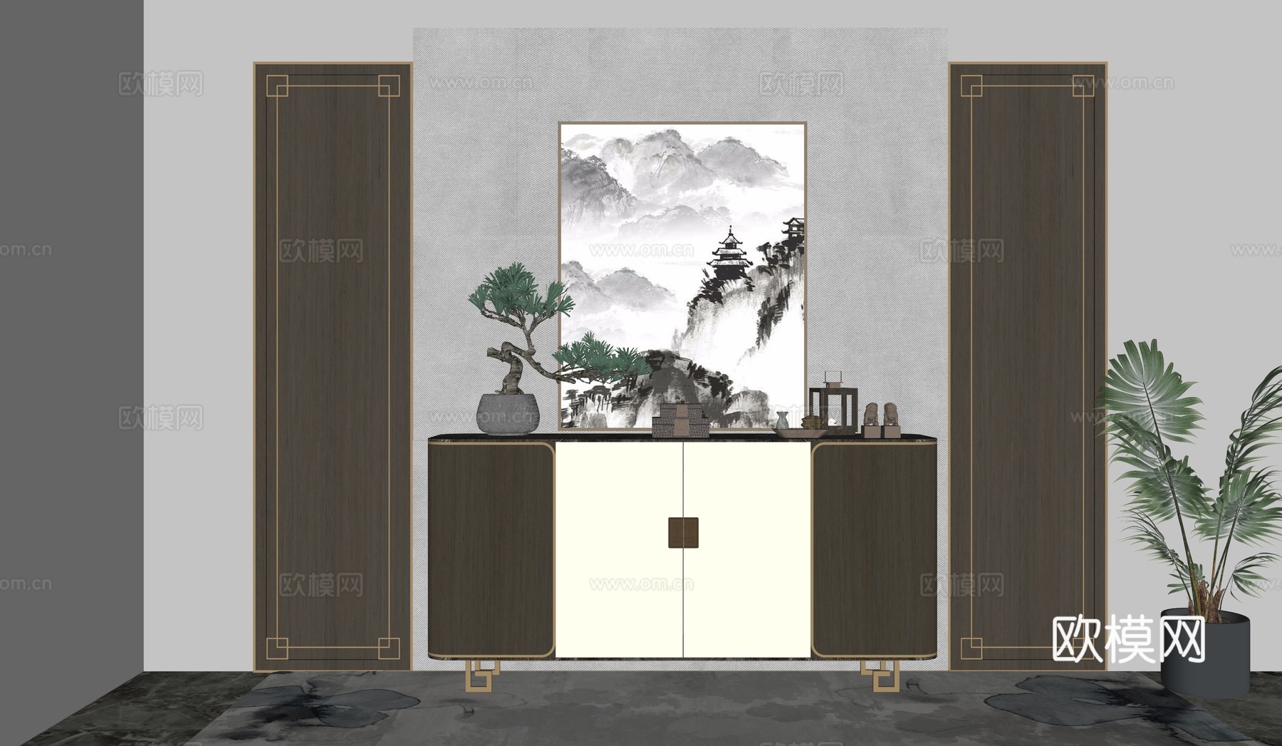 新中式端景条案端景台背景墙su模型