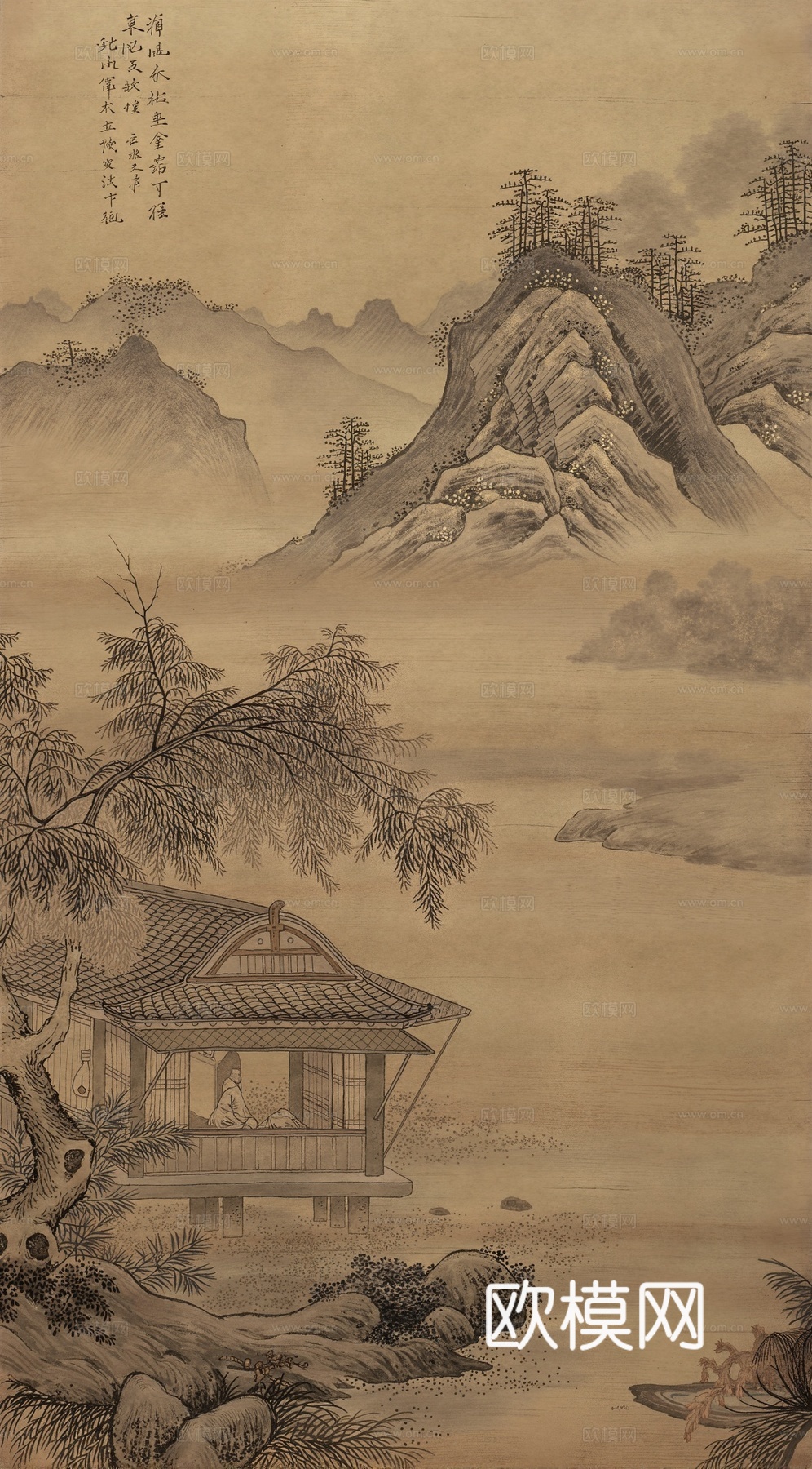 新中式壁画_国画意境水墨山水贴图