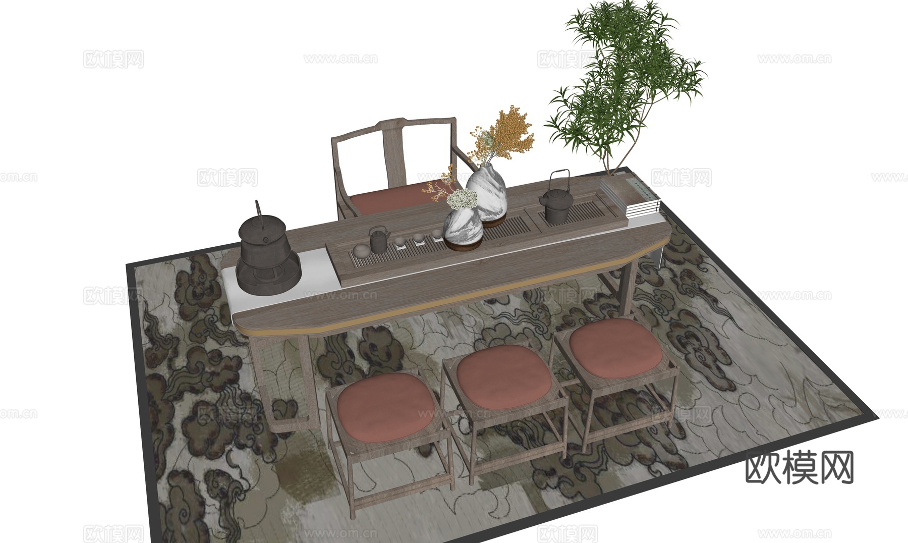 新中式茶桌椅su模型