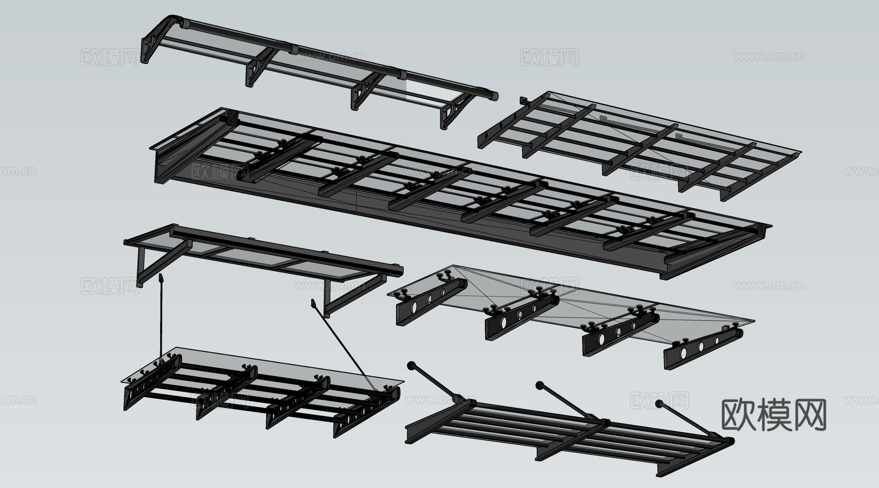 现代玻璃雨棚 钢构雨棚 玻璃雨打 阳光棚su模型
