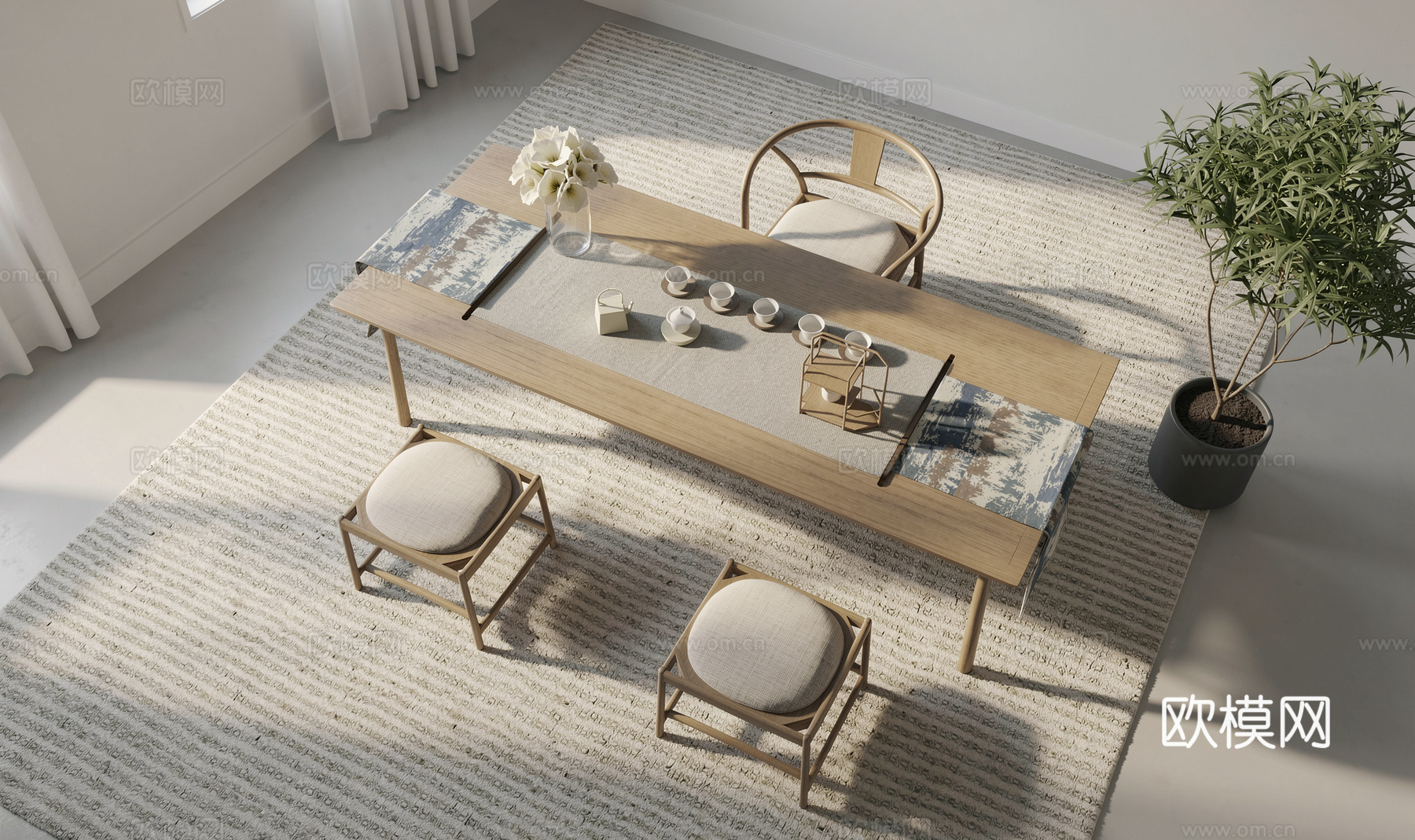 中式风格茶室_茶台桌椅_装饰摆件su模型