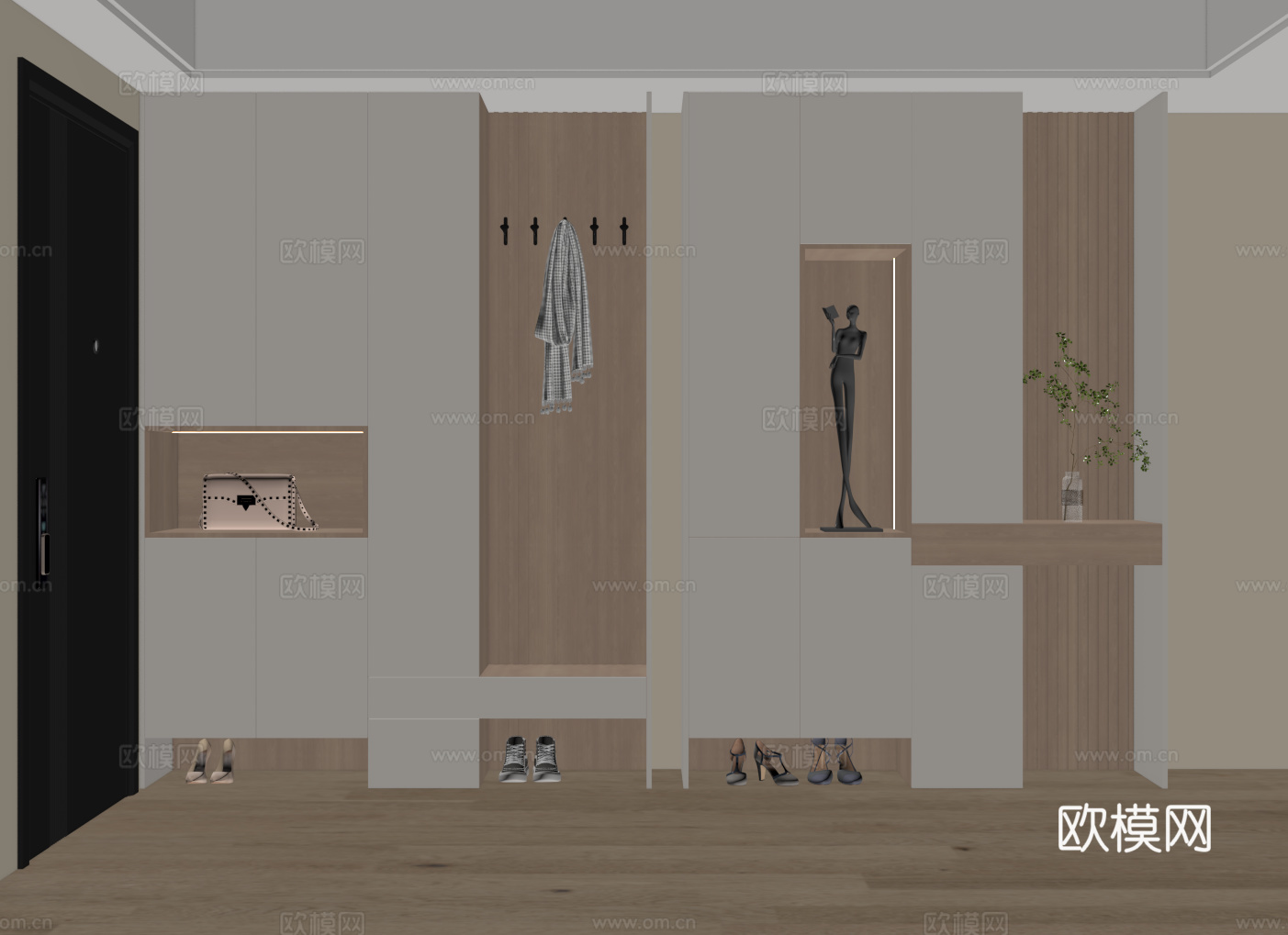 现代鞋柜 玄关鞋柜 鞋柜换鞋凳一体su模型