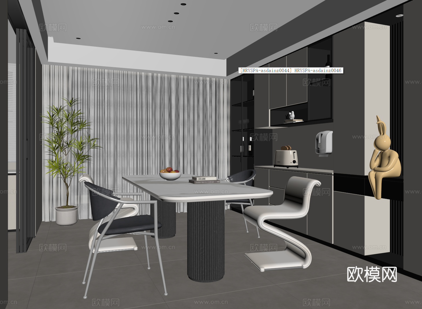 现代餐厅 酒柜 绿植盆栽 餐桌椅 雕塑su模型