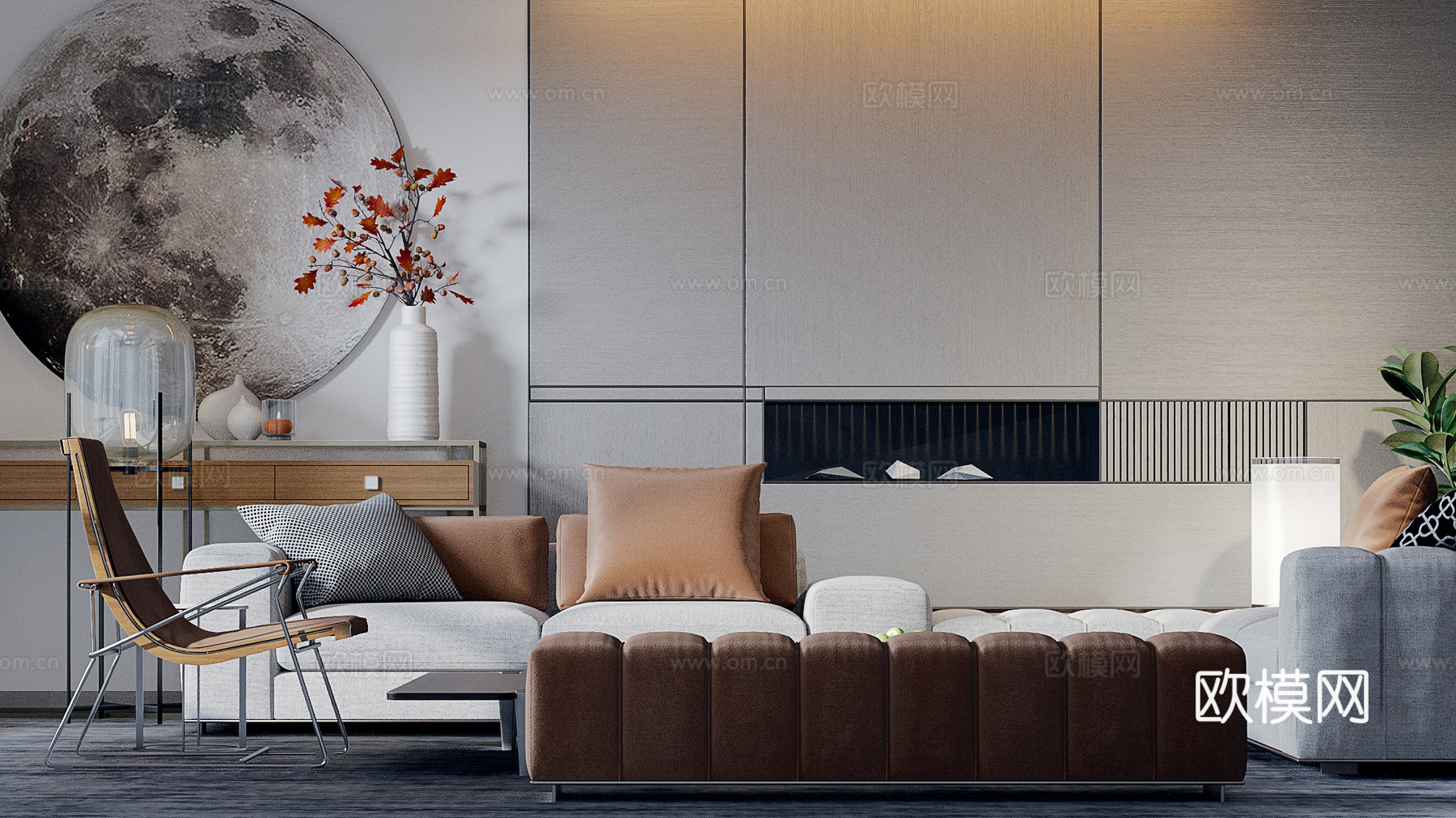 现代客厅 现代沙发 后现代沙发 单椅 落地灯 踏 玄关柜3d模型下载（渲染图1）