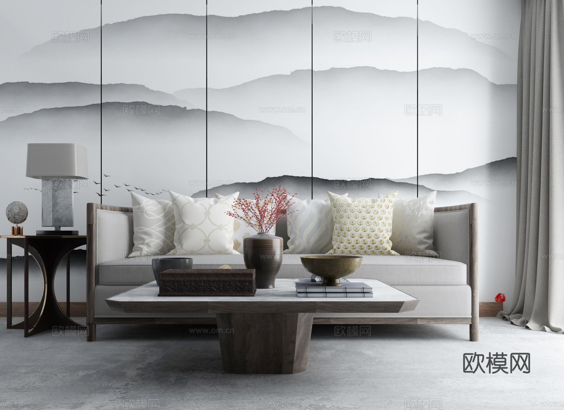 新中式沙发茶几背景墙组合3d模型下载（渲染图2）