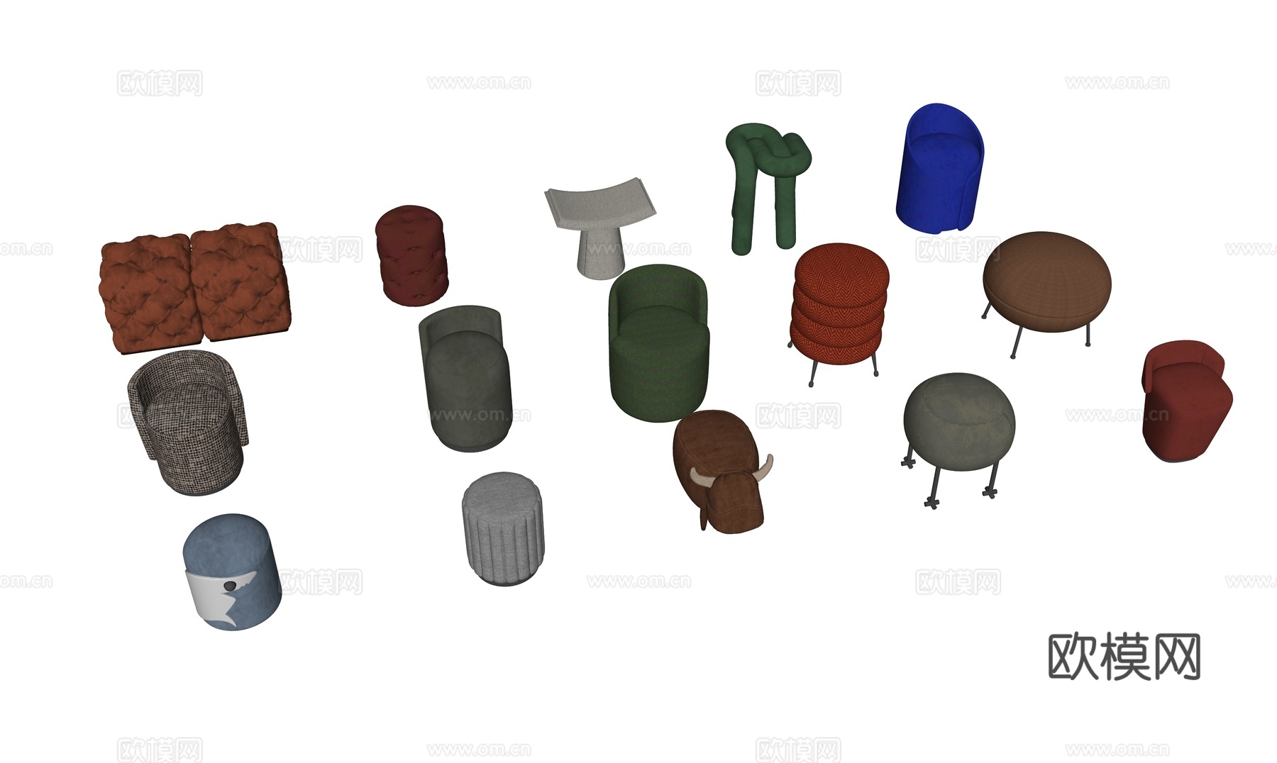 现代凳子 矮凳 脚踏 布艺凳子 圆凳su模型