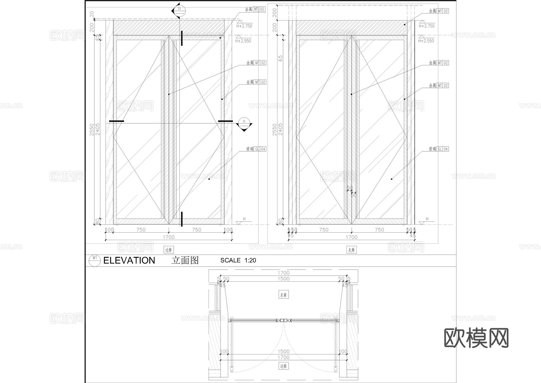 金属框玻璃门节点大样图cad施工图