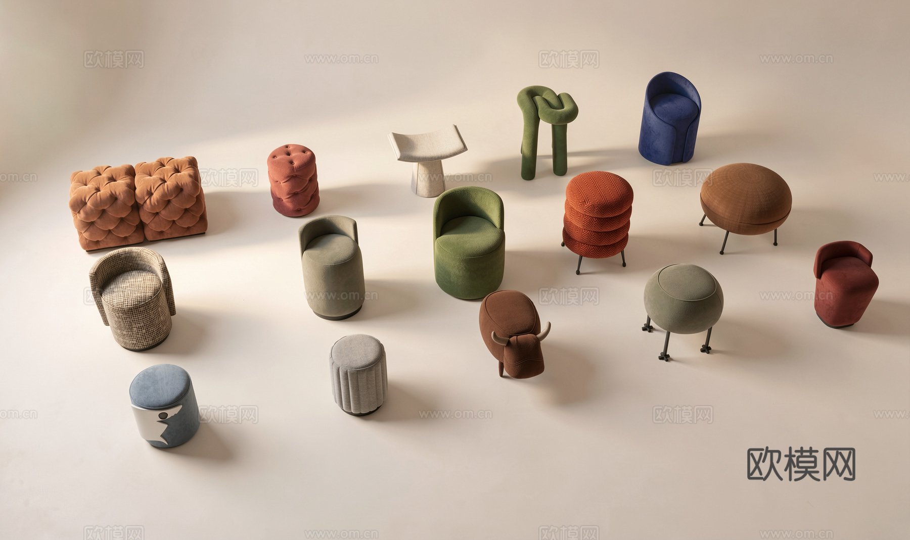 现代凳子 矮凳 脚踏 布艺凳子 圆凳su模型