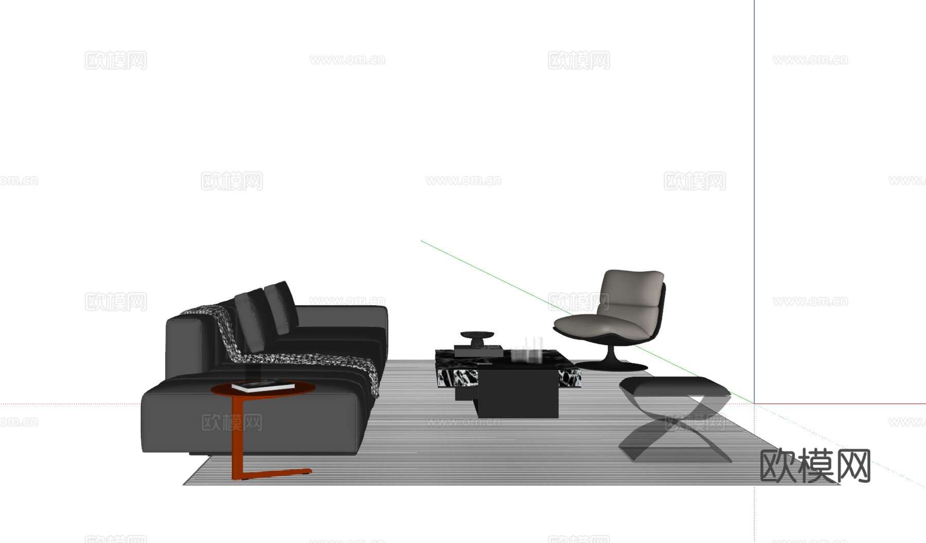 现代意式沙发茶几组合 多人沙发 皮质沙发 休闲椅 地毯su模型