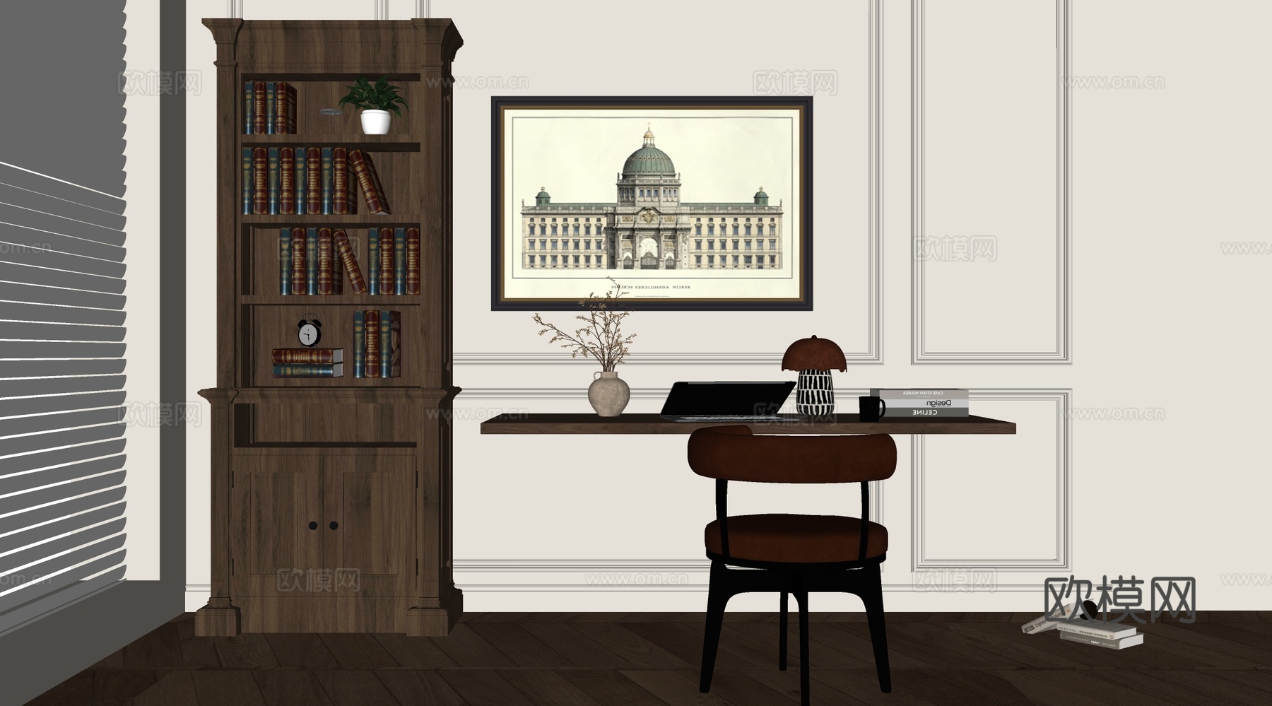 简约美式书房 书桌椅  办公桌椅 摆件组合 书柜su模型