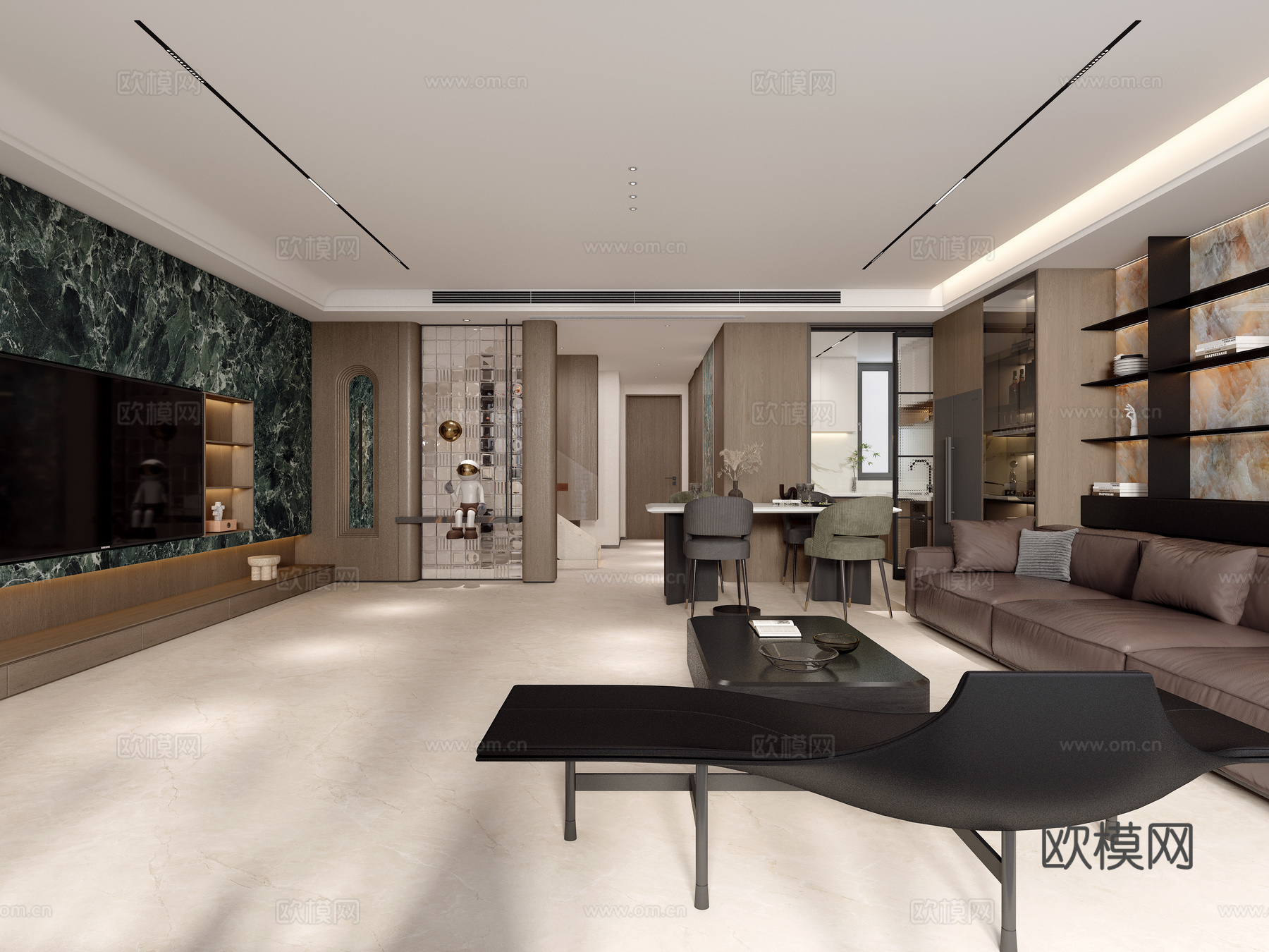 意式客餐厅 楼梯间走廊 半开放式厨房 影视墙 装饰柜3d模型