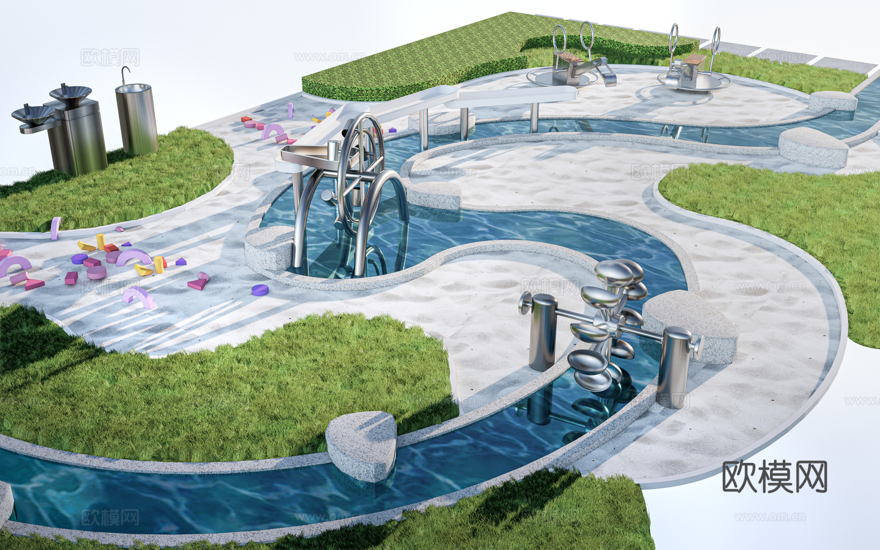 现代儿童水车 儿童戏水池 无动力游乐设施su模型