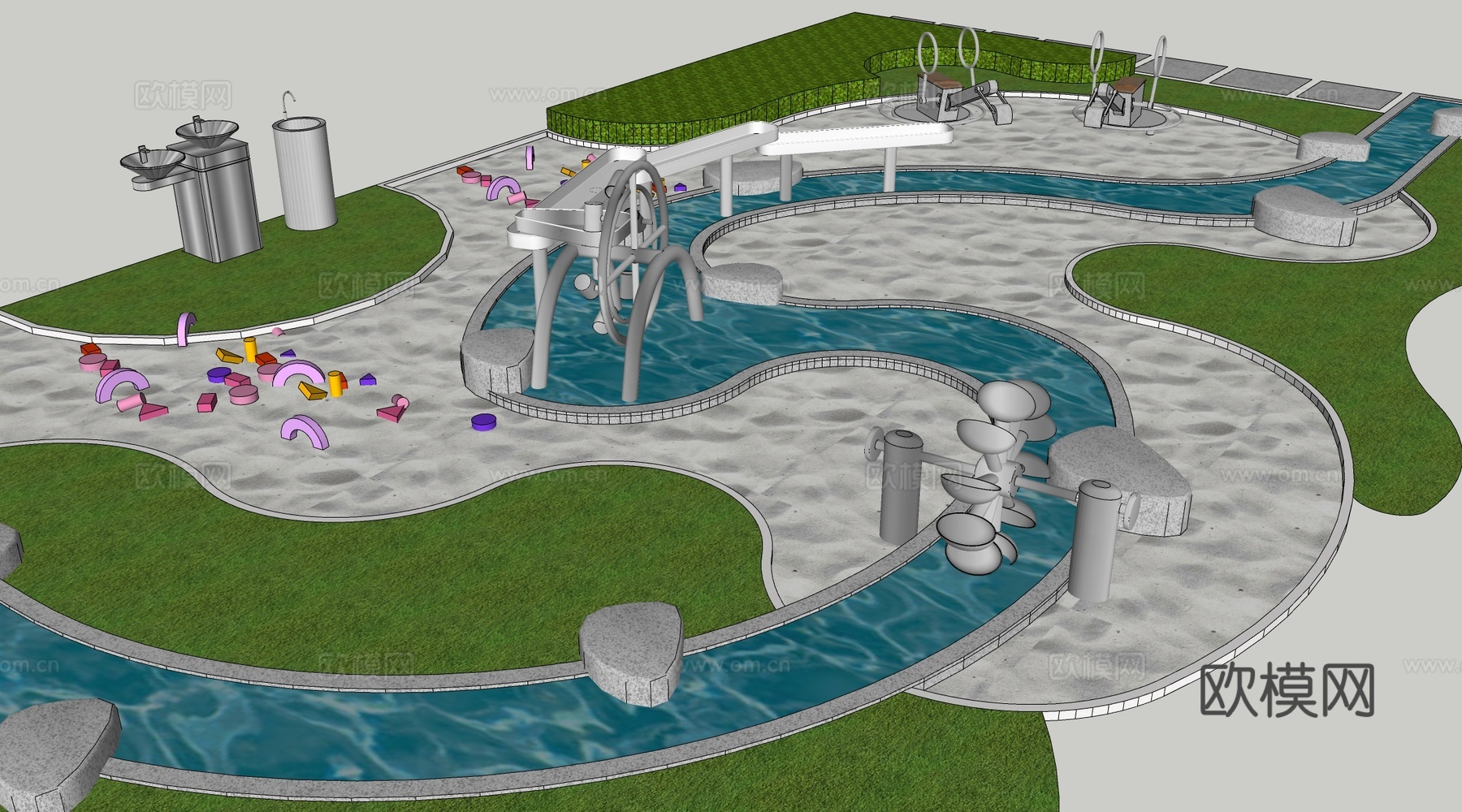 现代儿童水车 儿童戏水池 无动力游乐设施su模型