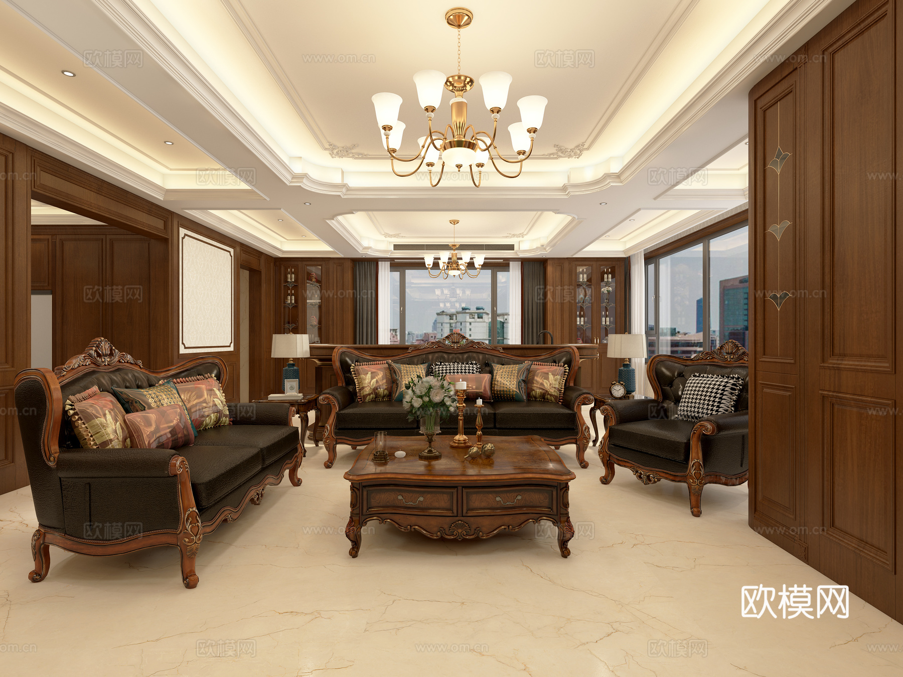 美式客餐厅 影视墙 圆形餐桌 组合沙发 酒柜 餐边柜 电视柜3d模型下载（渲染图2）