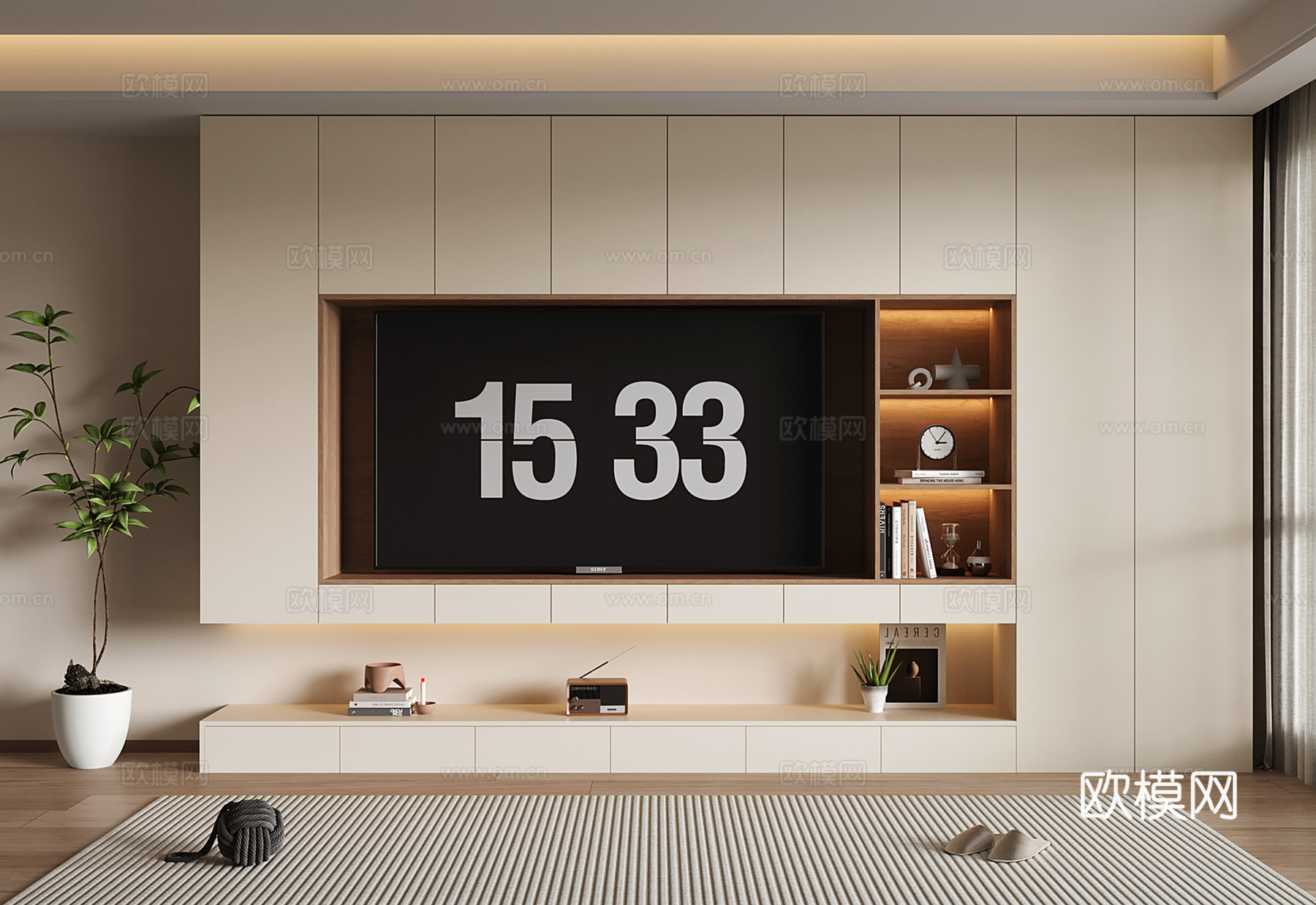 奶油风电视背景柜 现代电视背景墙 储物收纳电视柜一体su模型su模型