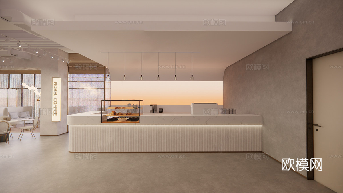 奶油简约咖啡厅 咖啡店 餐饮空间 餐桌椅组合 操作台吧台su模型