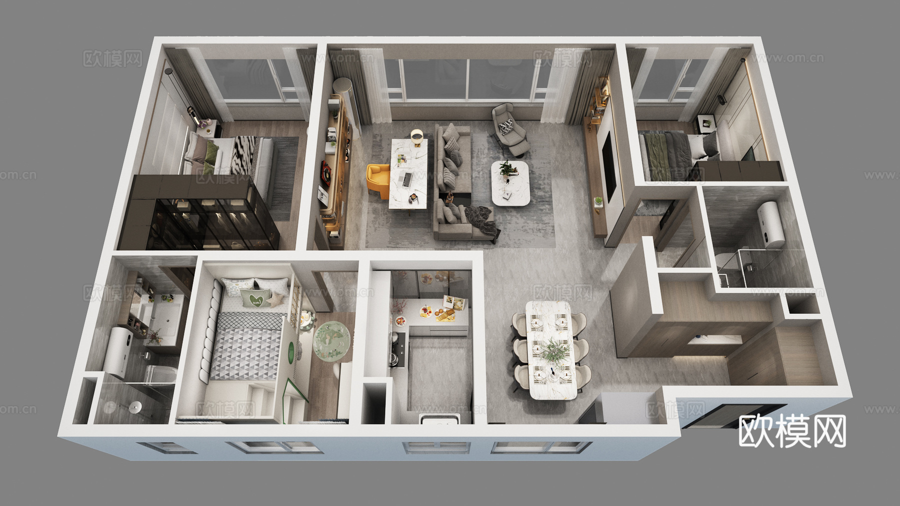 现代家装样板间鸟瞰图su模型