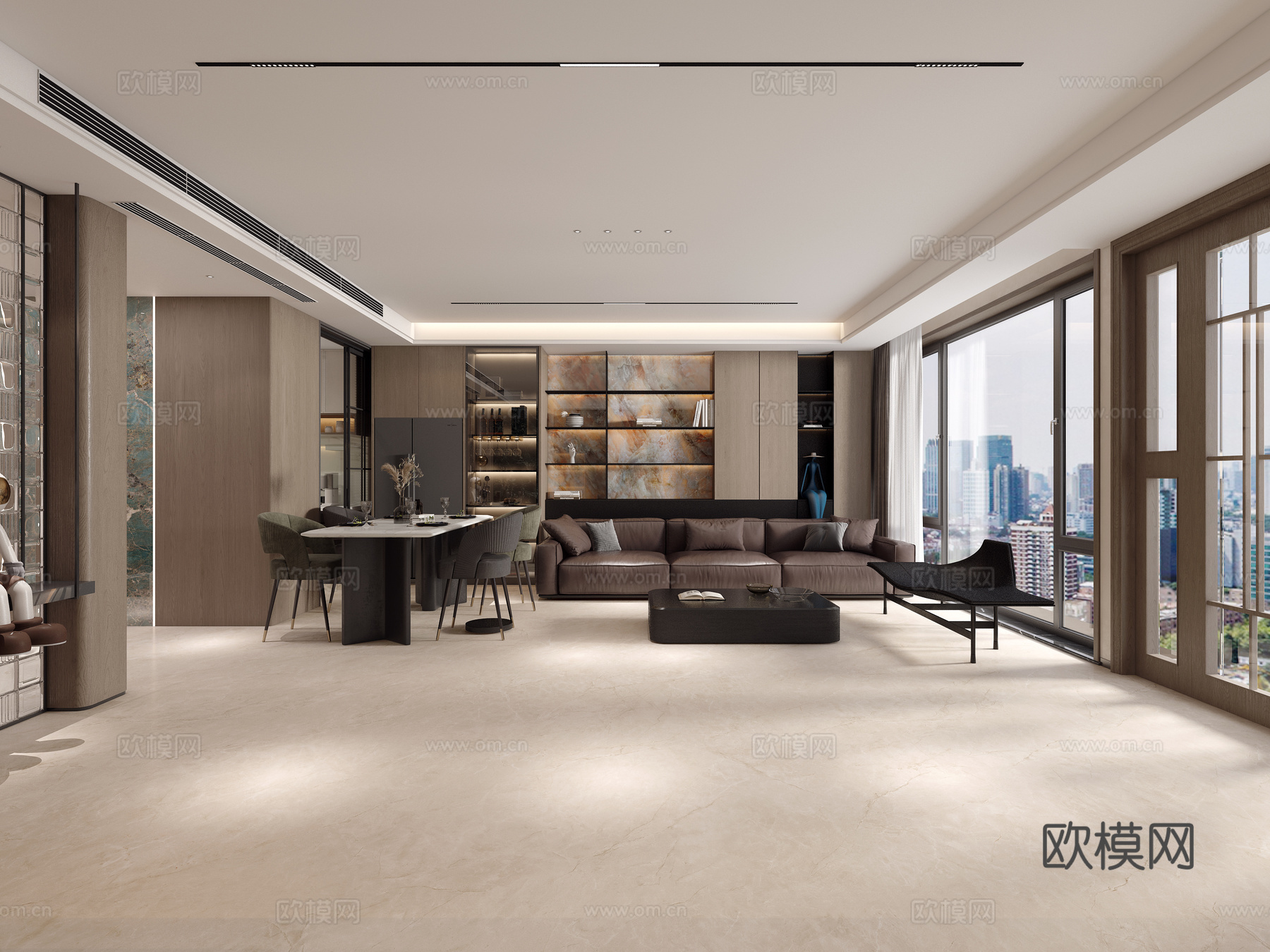 意式客餐厅 楼梯间走廊 半开放式厨房 影视墙 装饰柜3d模型