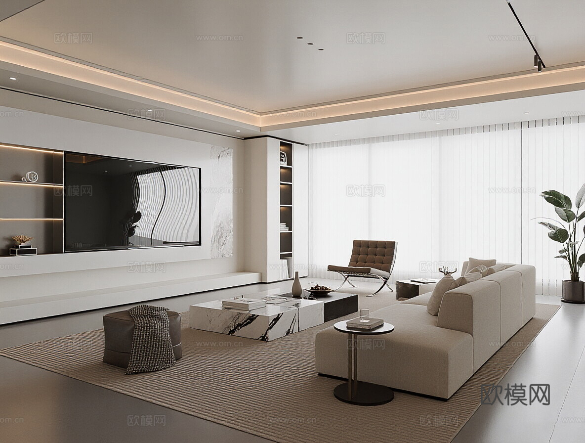 现代简约家居客厅 沙发茶几组合 电视墙 单人椅 休闲椅 盆栽3d模型下载