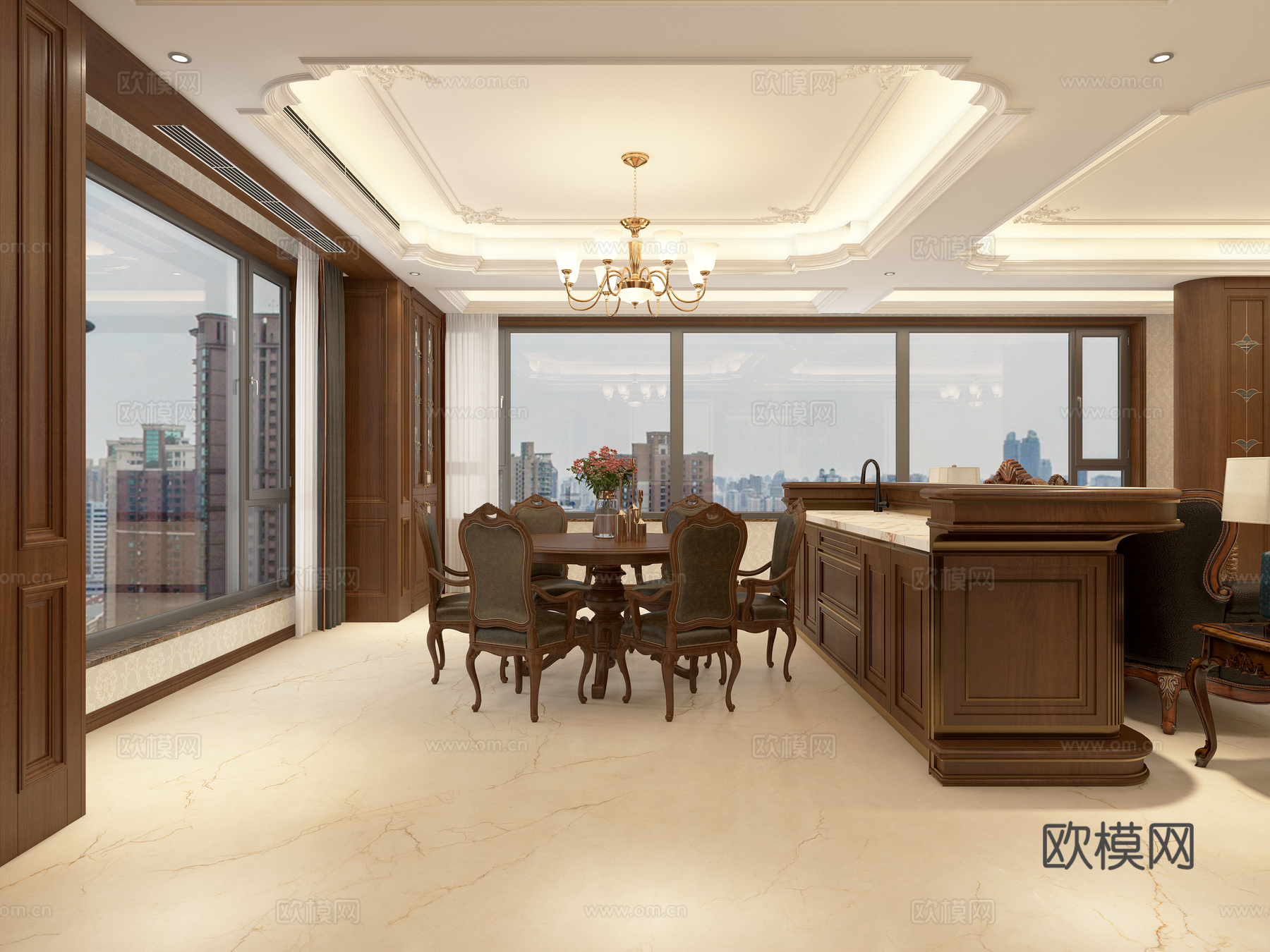 美式客餐厅 影视墙 圆形餐桌 组合沙发 酒柜 餐边柜 电视柜3d模型下载（渲染图3）