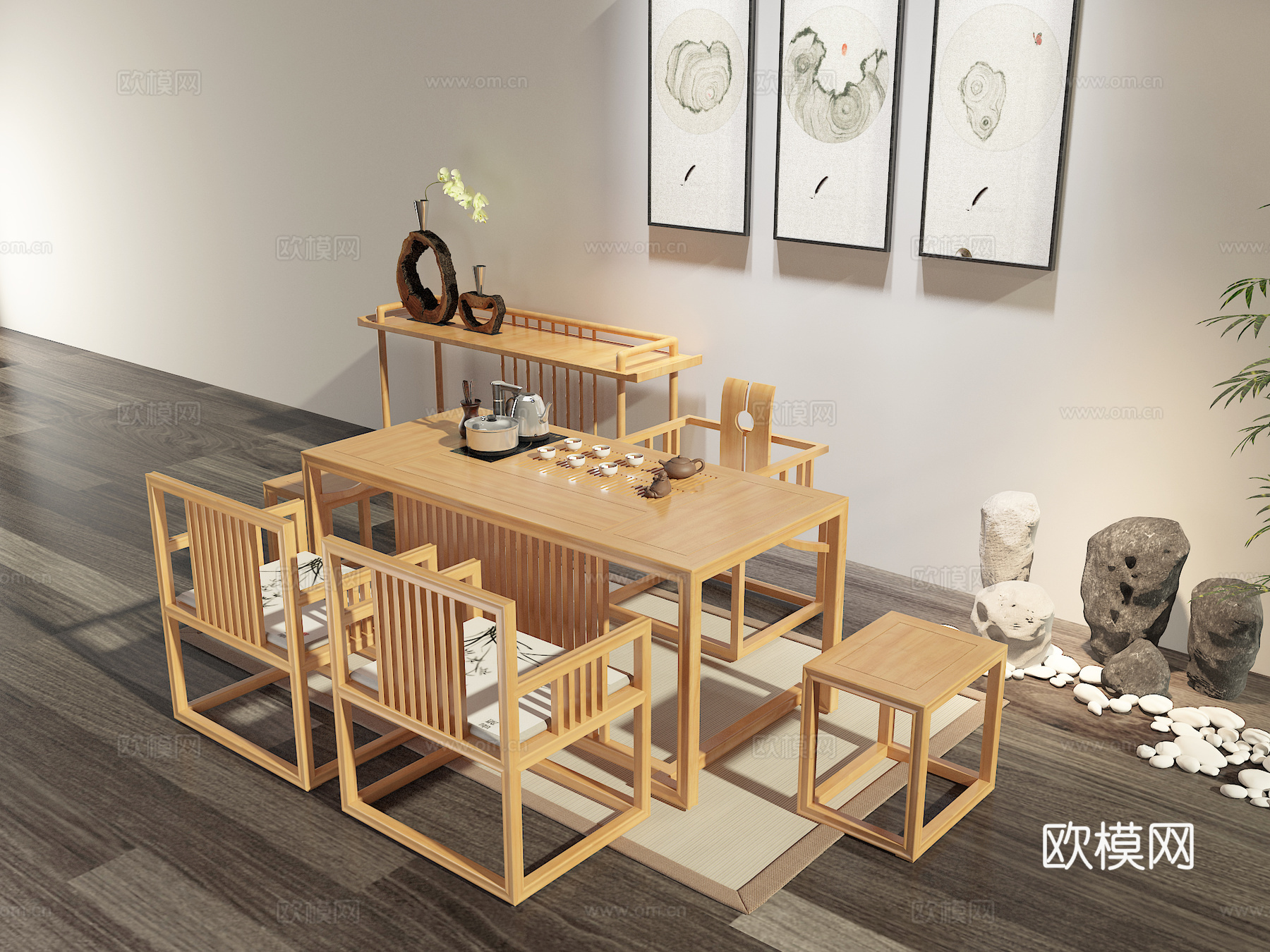 新中式茶室 原木茶桌椅 功夫茶具组合3d模型下载（渲染图1）