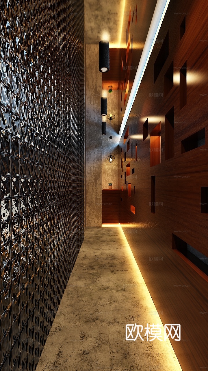 走道 过道 楼梯口 玻璃墙 镜面 原木 木墙 雕塑3d模型下载（渲染图1）