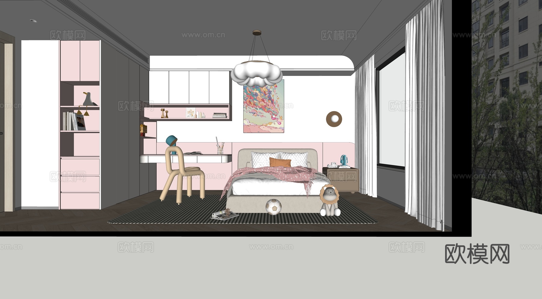 现代风格 儿童房 卧室 女孩房su模型