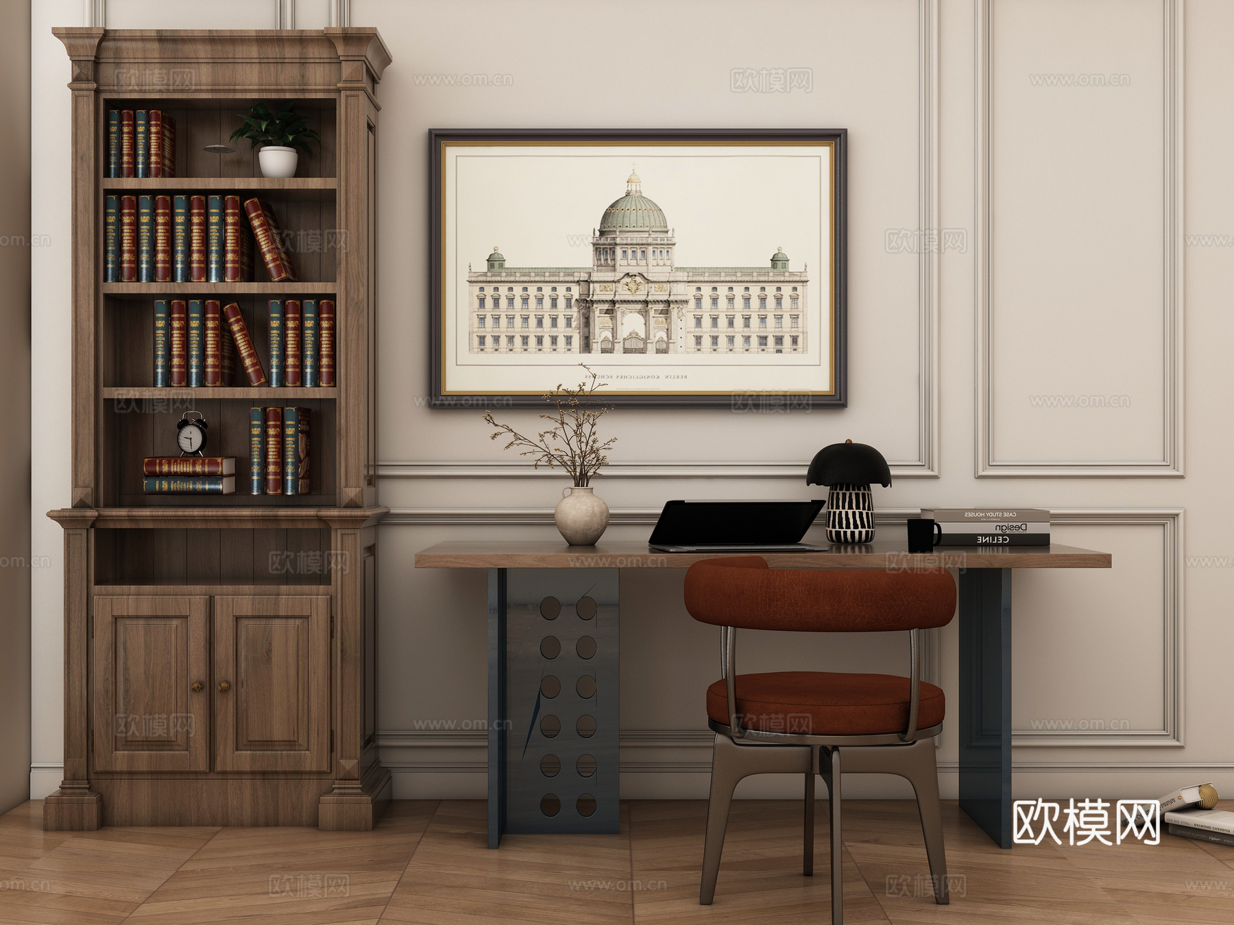 简约美式书房 书桌椅  办公桌椅 摆件组合 书柜su模型