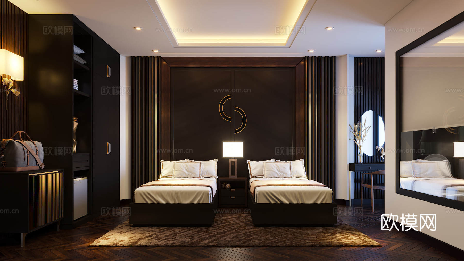 意式极简​酒店客房 酒店风卧室​ 玻璃衣柜 背景墙3d模型下载（渲染图3）