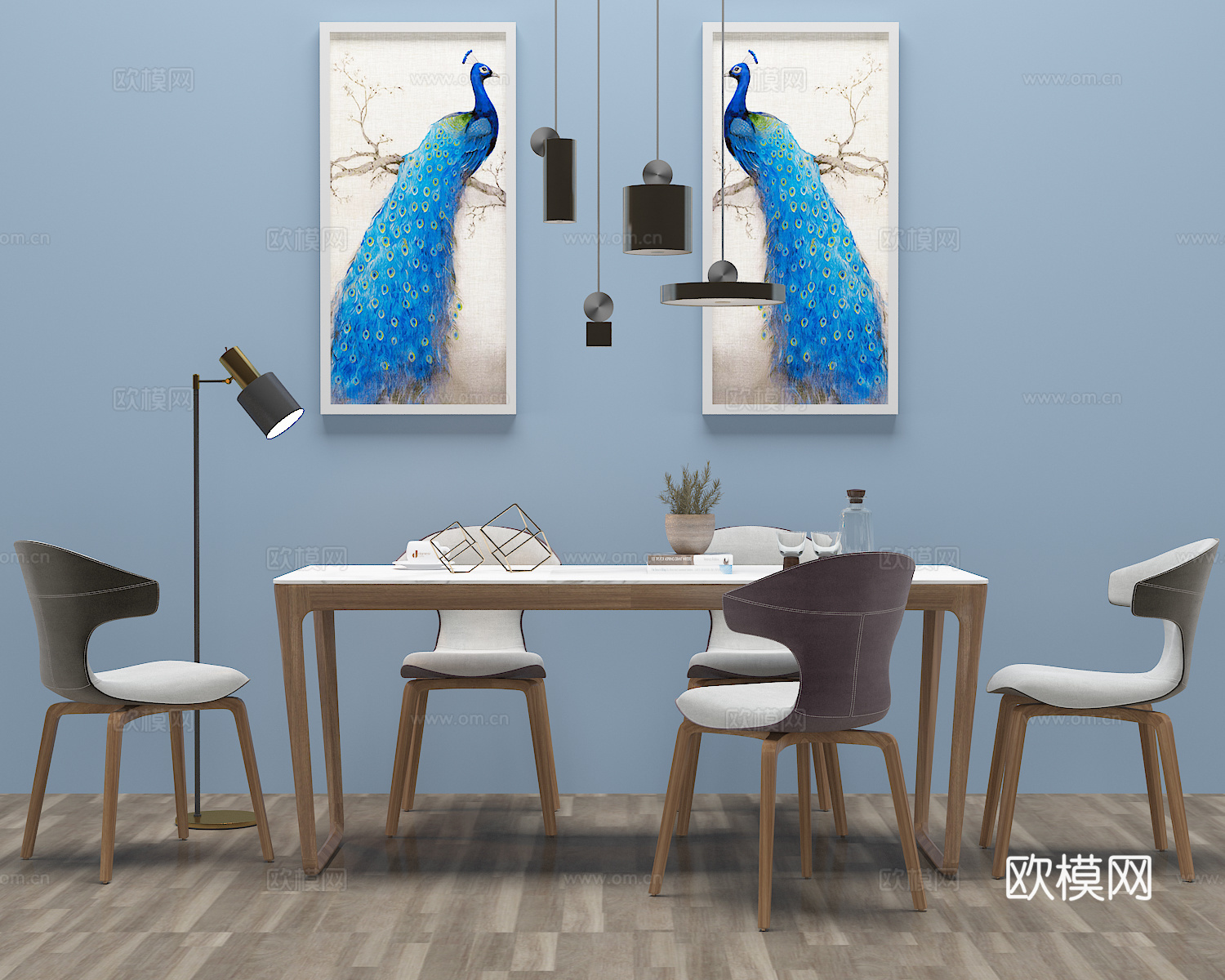 现代餐桌 椅子 吊灯 装饰画3d模型下载（渲染图2）