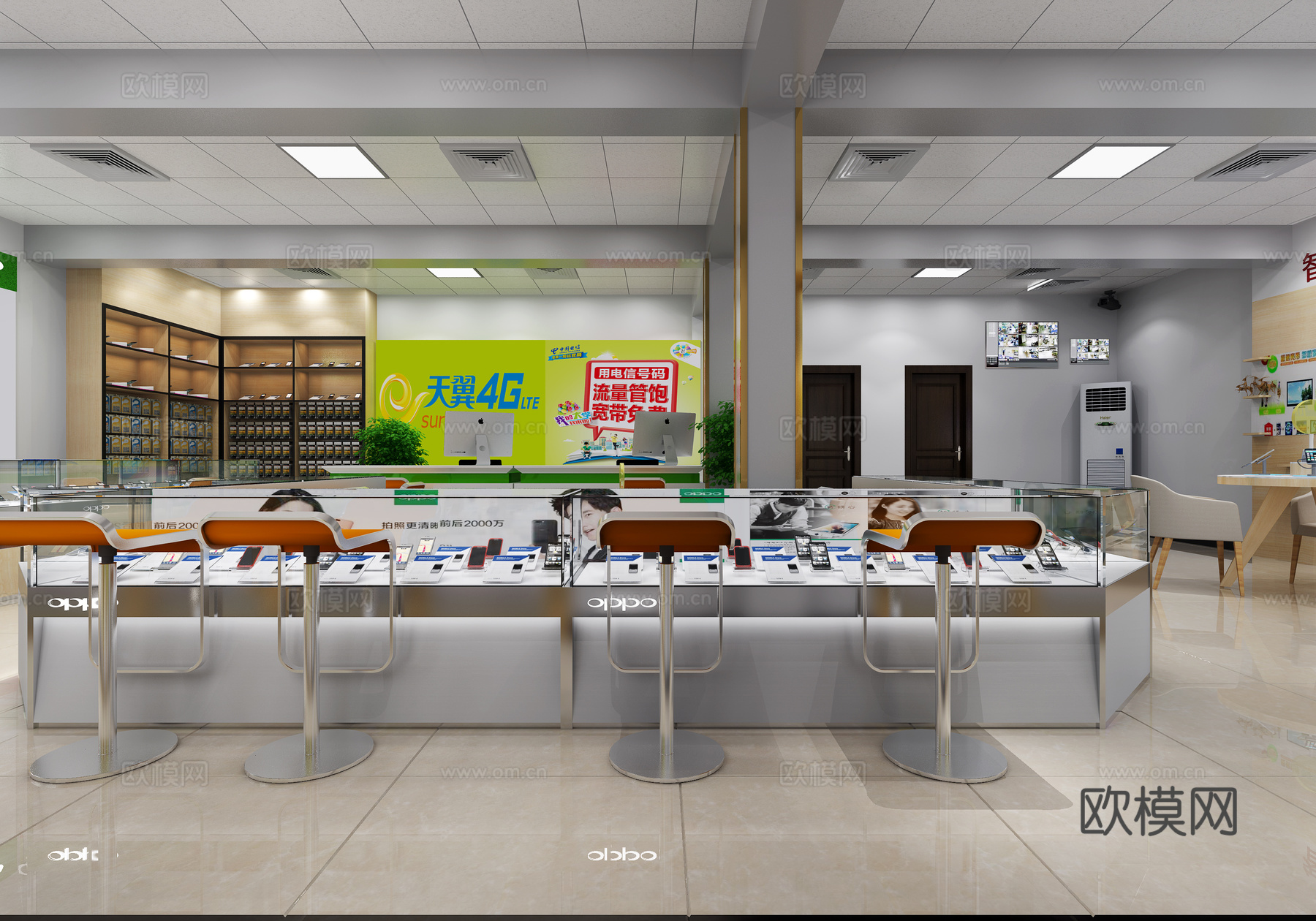现代手机专卖店 收银台 座椅 货架 物件摆件3d模型下载（渲染图1）
